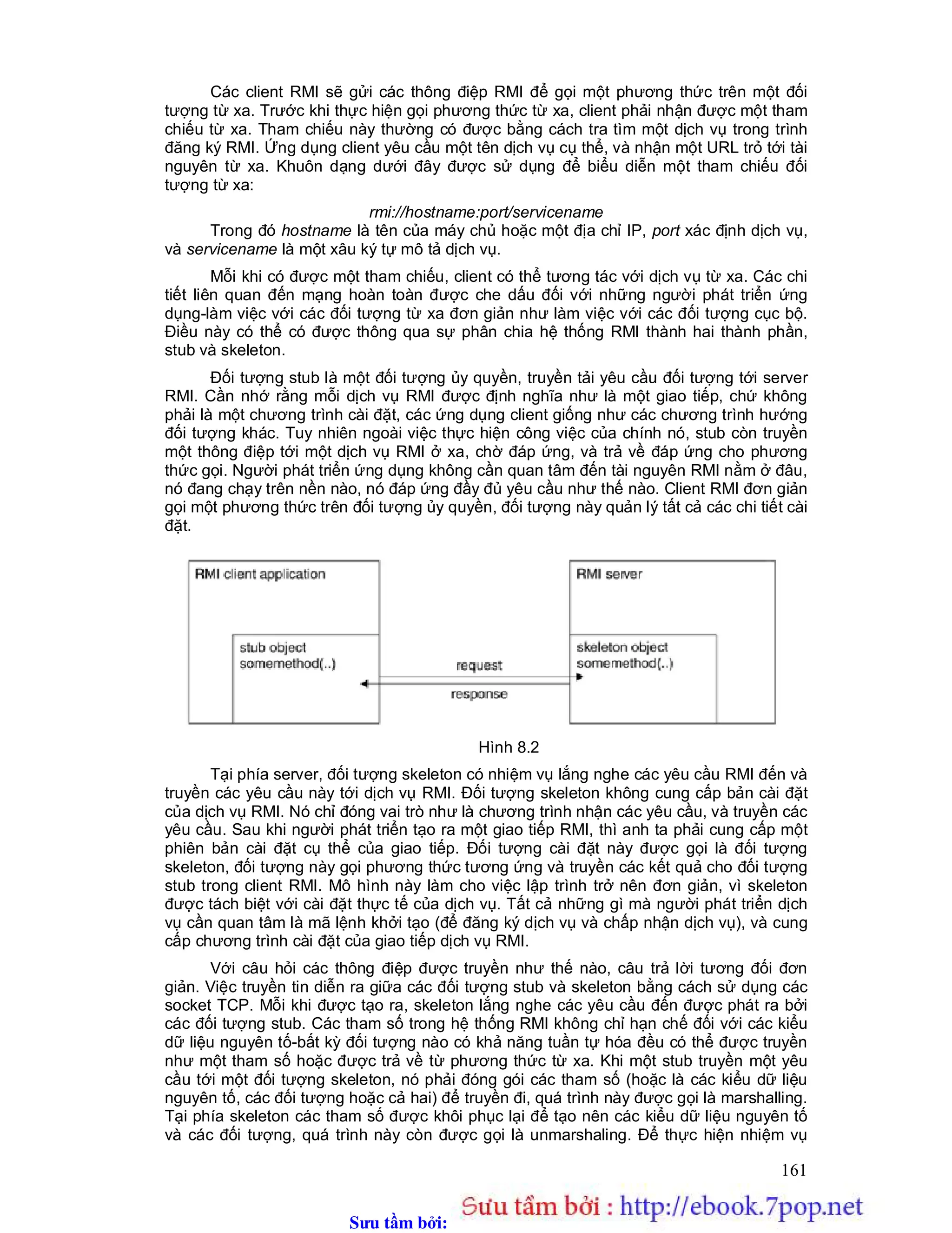 Sưu t m b i: www.daihoc.com.vn
161
Các client RMI sẽ gửi các thông điệp RMI để gọi một phương thức trên một đối
tượng từ xa. Trước khi thực hiện gọi phương thức từ xa, client phải nhận được một tham
chiếu từ xa. Tham chiếu này thường có được bằng cách tra tìm một dịch vụ trong trình
đăng ký RMI. Ứng dụng client yêu cầu một tên dịch vụ cụ thể, và nhận một URL trỏ tới tài
nguyên từ xa. Khuôn dạng dưới đây được sử dụng để biểu diễn một tham chiếu đối
tượng từ xa:
rmi://hostname:port/servicename
Trong đó hostname là tên của máy chủ hoặc một địa chỉ IP, port xác định dịch vụ,
và servicename là một xâu ký tự mô tả dịch vụ.
Mỗi khi có được một tham chiếu, client có thể tương tác với dịch vụ từ xa. Các chi
tiết liên quan đến mạng hoàn toàn được che dấu đối với những người phát triển ứng
dụng-làm việc với các đối tượng từ xa đơn giản như làm việc với các đối tượng cục bộ.
Điều này có thể có được thông qua sự phân chia hệ thống RMI thành hai thành phần,
stub và skeleton.
Đối tượng stub là một đối tượng ủy quyền, truyền tải yêu cầu đối tượng tới server
RMI. Cần nhớ rằng mỗi dịch vụ RMI được định nghĩa như là một giao tiếp, chứ không
phải là một chương trình cài đặt, các ứng dụng client giống như các chương trình hướng
đối tượng khác. Tuy nhiên ngoài việc thực hiện công việc của chính nó, stub còn truyền
một thông điệp tới một dịch vụ RMI ở xa, chờ đáp ứng, và trả về đáp ứng cho phương
thức gọi. Người phát triển ứng dụng không cần quan tâm đến tài nguyên RMI nằm ở đâu,
nó đang chạy trên nền nào, nó đáp ứng đầy đủ yêu cầu như thế nào. Client RMI đơn giản
gọi một phương thức trên đối tượng ủy quyền, đối tượng này quản lý tất cả các chi tiết cài
đặt.
Hình 8.2
Tại phía server, đối tượng skeleton có nhiệm vụ lắng nghe các yêu cầu RMI đến và
truyền các yêu cầu này tới dịch vụ RMI. Đối tượng skeleton không cung cấp bản cài đặt
của dịch vụ RMI. Nó chỉ đóng vai trò như là chương trình nhận các yêu cầu, và truyền các
yêu cầu. Sau khi người phát triển tạo ra một giao tiếp RMI, thì anh ta phải cung cấp một
phiên bản cài đặt cụ thể của giao tiếp. Đối tượng cài đặt này được gọi là đối tượng
skeleton, đối tượng này gọi phương thức tương ứng và truyền các kết quả cho đối tượng
stub trong client RMI. Mô hình này làm cho việc lập trình trở nên đơn giản, vì skeleton
được tách biệt với cài đặt thực tế của dịch vụ. Tất cả những gì mà người phát triển dịch
vụ cần quan tâm là mã lệnh khởi tạo (để đăng ký dịch vụ và chấp nhận dịch vụ), và cung
cấp chương trình cài đặt của giao tiếp dịch vụ RMI.
Với câu hỏi các thông điệp được truyền như thế nào, câu trả lời tương đối đơn
giản. Việc truyền tin diễn ra giữa các đối tượng stub và skeleton bằng cách sử dụng các
socket TCP. Mỗi khi được tạo ra, skeleton lắng nghe các yêu cầu đến được phát ra bởi
các đối tượng stub. Các tham số trong hệ thống RMI không chỉ hạn chế đối với các kiểu
dữ liệu nguyên tố-bất kỳ đối tượng nào có khả năng tuần tự hóa đều có thể được truyền
như một tham số hoặc được trả về từ phương thức từ xa. Khi một stub truyền một yêu
cầu tới một đối tượng skeleton, nó phải đóng gói các tham số (hoặc là các kiểu dữ liệu
nguyên tố, các đối tượng hoặc cả hai) để truyền đi, quá trình này được gọi là marshalling.
Tại phía skeleton các tham số được khôi phục lại để tạo nên các kiểu dữ liệu nguyên tố
và các đối tượng, quá trình này còn được gọi là unmarshaling. Để thực hiện nhiệm vụ
 