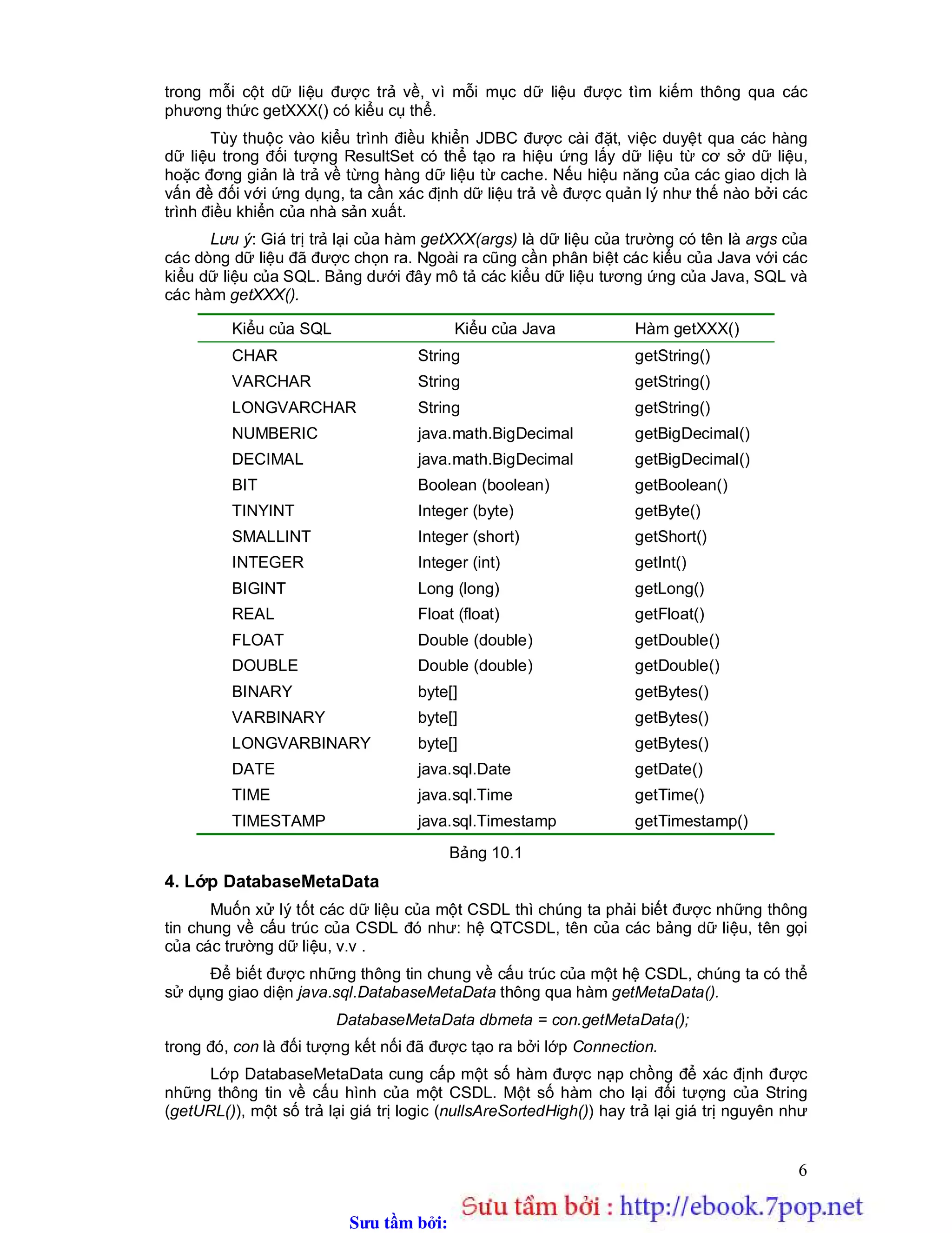 Sưu t m b i: www.daihoc.com.vn
6
trong mỗi cột dữ liệu được trả về, vì mỗi mục dữ liệu được tìm kiếm thông qua các
phương thức getXXX() có kiểu cụ thể.
Tùy thuộc vào kiểu trình điều khiển JDBC được cài đặt, việc duyệt qua các hàng
dữ liệu trong đối tượng ResultSet có thể tạo ra hiệu ứng lấy dữ liệu từ cơ sở dữ liệu,
hoặc đơng giản là trả về từng hàng dữ liệu từ cache. Nếu hiệu năng của các giao dịch là
vấn đề đối với ứng dụng, ta cần xác định dữ liệu trả về được quản lý như thế nào bởi các
trình điều khiển của nhà sản xuất.
Lưu ý: Giá trị trả lại của hàm getXXX(args) là dữ liệu của trường có tên là args của
các dòng dữ liệu đã được chọn ra. Ngoài ra cũng cần phân biệt các kiểu của Java với các
kiểu dữ liệu của SQL. Bảng dưới đây mô tả các kiểu dữ liệu tương ứng của Java, SQL và
các hàm getXXX().
Kiểu của SQL Kiểu của Java Hàm getXXX()
CHAR String getString()
VARCHAR String getString()
LONGVARCHAR String getString()
NUMBERIC java.math.BigDecimal getBigDecimal()
DECIMAL java.math.BigDecimal getBigDecimal()
BIT Boolean (boolean) getBoolean()
TINYINT Integer (byte) getByte()
SMALLINT Integer (short) getShort()
INTEGER Integer (int) getInt()
BIGINT Long (long) getLong()
REAL Float (float) getFloat()
FLOAT Double (double) getDouble()
DOUBLE Double (double) getDouble()
BINARY byte[] getBytes()
VARBINARY byte[] getBytes()
LONGVARBINARY byte[] getBytes()
DATE java.sql.Date getDate()
TIME java.sql.Time getTime()
TIMESTAMP java.sql.Timestamp getTimestamp()
Bảng 10.1
4. Lớp DatabaseMetaData
Muốn xử lý tốt các dữ liệu của một CSDL thì chúng ta phải biết được những thông
tin chung về cấu trúc của CSDL đó như: hệ QTCSDL, tên của các bảng dữ liệu, tên gọi
của các trường dữ liệu, v.v .
Để biết được những thông tin chung về cấu trúc của một hệ CSDL, chúng ta có thể
sử dụng giao diện java.sql.DatabaseMetaData thông qua hàm getMetaData().
DatabaseMetaData dbmeta = con.getMetaData();
trong đó, con là đối tượng kết nối đã được tạo ra bởi lớp Connection.
Lớp DatabaseMetaData cung cấp một số hàm được nạp chồng để xác định được
những thông tin về cấu hình của một CSDL. Một số hàm cho lại đối tượng của String
(getURL()), một số trả lại giá trị logic (nullsAreSortedHigh()) hay trả lại giá trị nguyên như
 