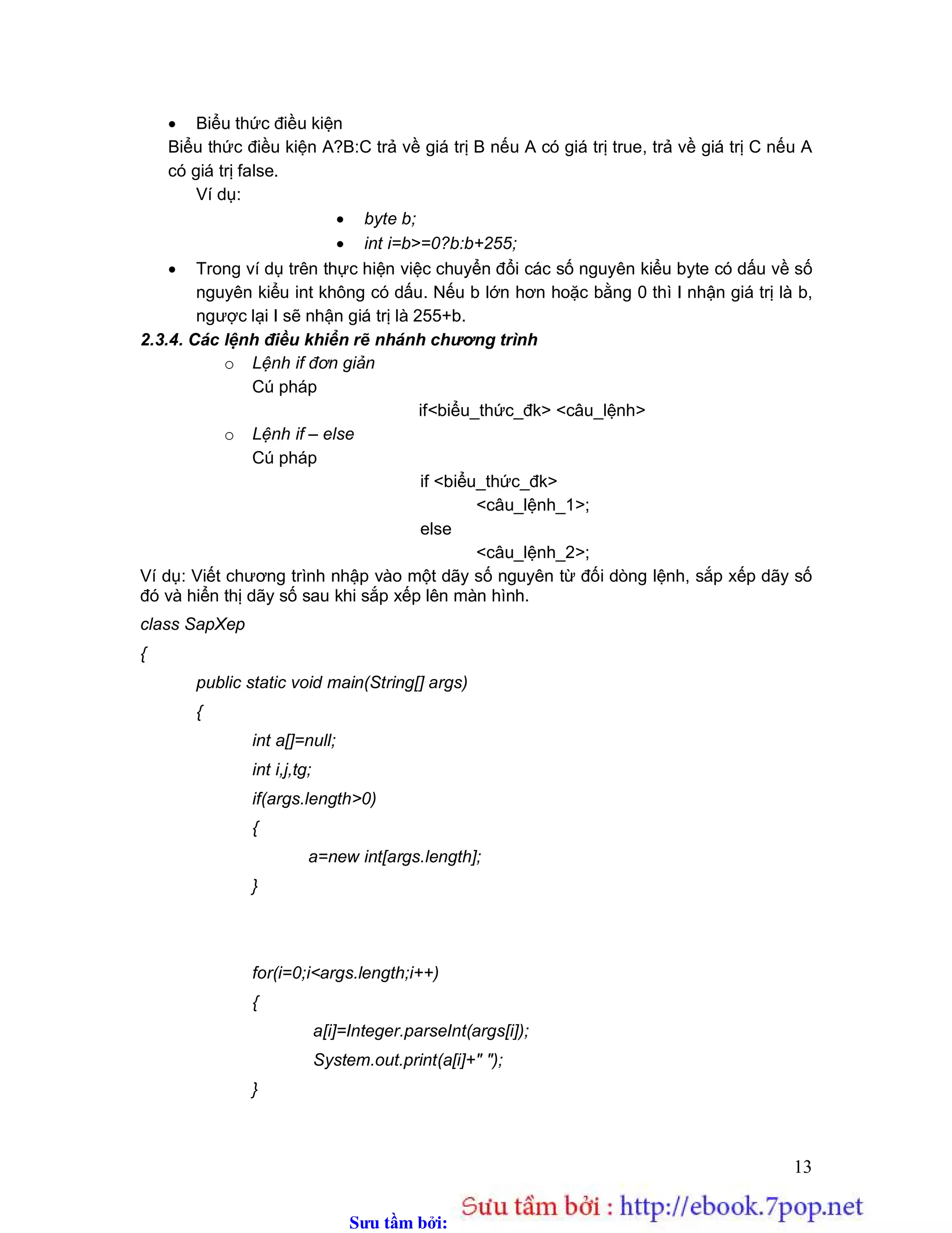 Sưu t m b i: www.daihoc.com.vn
}
}
3. Truyền các đối tượng thông qua giao thức UDP
Một giao thức gần với giao thức TCP là giao thức UDP. Java hỗ trợ
cho kiểu ứng dụng truyền tin phi liên kết trên giao thức UDP thông qua lớp
DatagramSocket và DatagramPacket. Liệu chúng ta có thể viết được các
chương trình nhập và xuất đối tượng bằng truyền tin datagram? Thực hiện
điều này không thể tiến hành trực tiếp như với luồng Socket. Vấn đề là
DatagramSocket không được gắn với bất kỳ luồng nào; mà nó sử dụng một
tham số mảng byte để gửi và nhận dữ liệu.
Hình 6
Có thể thấy rằng để xây dựng một gói tin datagram, đối tượng phải
được chuyển thành một mảng byte. Việc chuyển đổi này rất khó để thực
hiện nếu bản thân đối tượng có liên quan đến một số đối tượng phức tạp
trong đồ thị đối tượng.
Hình 6 minh họa dòng luân chuyển dữ liệu khi truyền một đối tượng
thông qua một datagram. Dưới đây là bảy bước ta cần thực hiện để cài đặt
mô hình truyền dữ liệu cho giao thức UDP
 Bước 1. Chuẩn bị: Tạo đối tượng cần truyền đi, giả sử đối tượng này
là obj, làm cho nó khả tuần tự bằng cách thực thi giao tiếp
Serializable.
 Bước 2. Tạo một luồng ByteArrayObjectOuput và đặt tên cho nó là
baos.
 Bước 3. Xây dựng đối tượng ObjectOuputStream và đặt tên cho nó là
oos. Tham số cho cấu tử ObjectOuputStream là baos
 Bước 4. Ghi đối tượng obj vào luồng baos bằng cách sử dụng
phương thức writeObject() của oos.
 Bước 5. Tìm kiếm vùng đệm dữ liệu mảng byte từ bằng cách sử dụng
phương thức toByteAray().
Object
ObjectOuputStream
ByteArrayObjectOuput
DatagramPacket
Object
ObjectInputStream
ByteArrayInputStream
DatagramPacket
Network
 