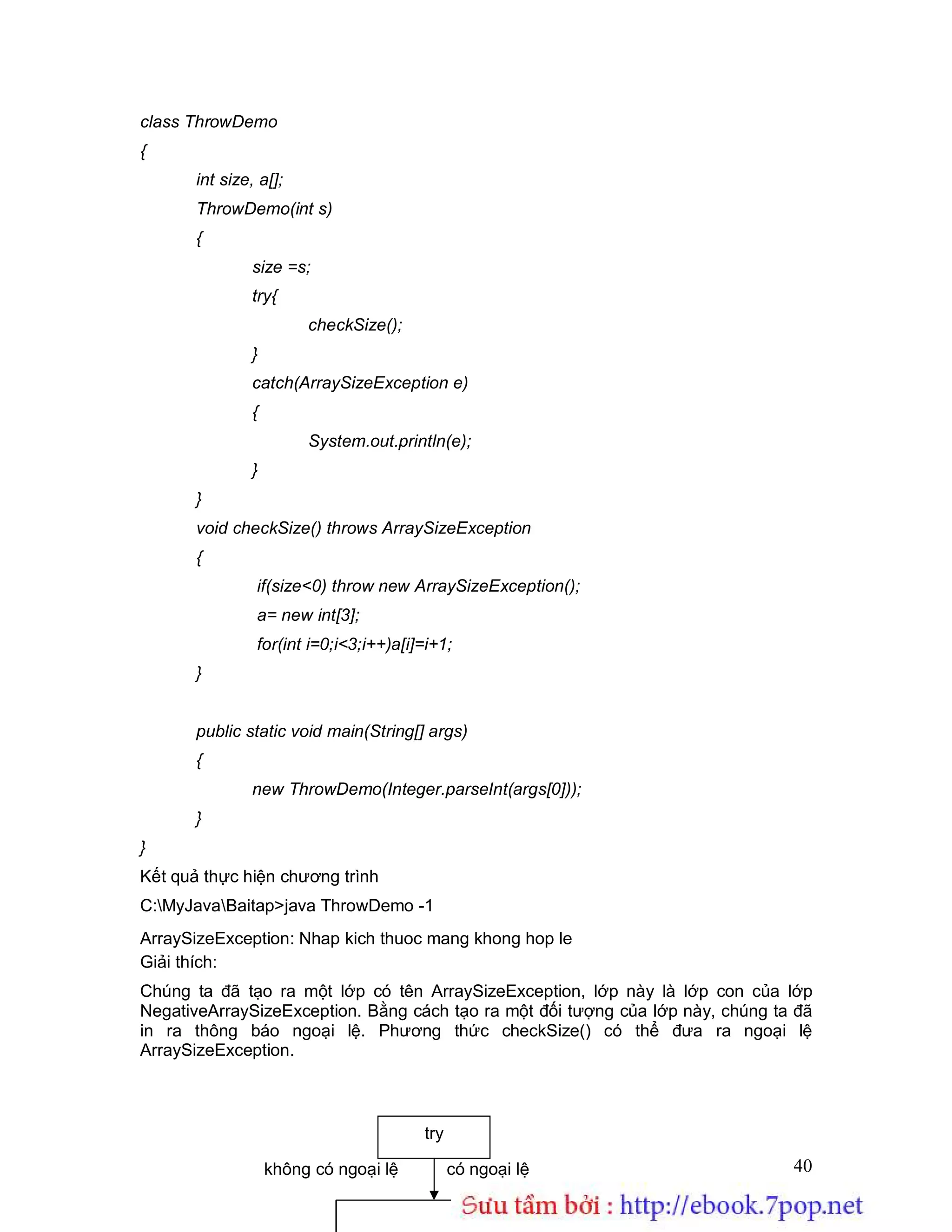 Sưu t m b i: www.daihoc.com.vn
40
class ThrowDemo
{
int size, a[];
ThrowDemo(int s)
{
size =s;
try{
checkSize();
}
catch(ArraySizeException e)
{
System.out.println(e);
}
}
void checkSize() throws ArraySizeException
{
if(size<0) throw new ArraySizeException();
a= new int[3];
for(int i=0;i<3;i++)a[i]=i+1;
}
public static void main(String[] args)
{
new ThrowDemo(Integer.parseInt(args[0]));
}
}
Kết quả thực hiện chương trình
C:MyJavaBaitap>java ThrowDemo -1
ArraySizeException: Nhap kich thuoc mang khong hop le
Giải thích:
Chúng ta đã tạo ra một lớp có tên ArraySizeException, lớp này là lớp con của lớp
NegativeArraySizeException. Bằng cách tạo ra một đối tượng của lớp này, chúng ta đã
in ra thông báo ngoại lệ. Phương thức checkSize() có thể đưa ra ngoại lệ
ArraySizeException.
không có ngoại lệ có ngoại lệ
try
 