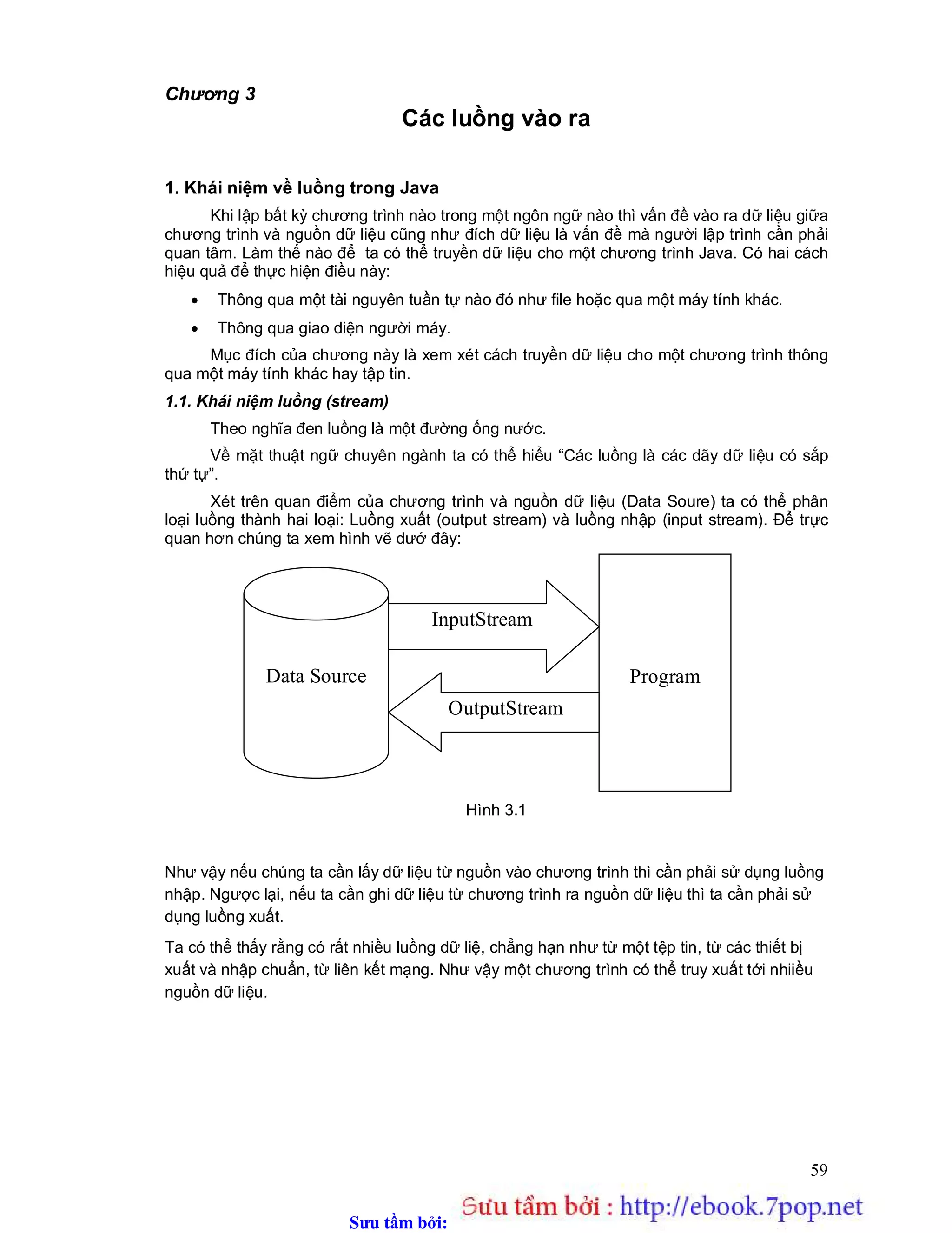 Sưu t m b i: www.daihoc.com.vn
59
Chương 3
Các luồng vào ra
1. Khái niệm về luồng trong Java
Khi lập bất kỳ chương trình nào trong một ngôn ngữ nào thì vấn đề vào ra dữ liệu giữa
chương trình và nguồn dữ liệu cũng như đích dữ liệu là vấn đề mà người lập trình cần phải
quan tâm. Làm thế nào để ta có thể truyền dữ liệu cho một chương trình Java. Có hai cách
hiệu quả để thực hiện điều này:
 Thông qua một tài nguyên tuần tự nào đó như file hoặc qua một máy tính khác.
 Thông qua giao diện người máy.
Mục đích của chương này là xem xét cách truyền dữ liệu cho một chương trình thông
qua một máy tính khác hay tập tin.
1.1. Khái niệm luồng (stream)
Theo nghĩa đen luồng là một đường ống nước.
Về mặt thuật ngữ chuyên ngành ta có thể hiểu “Các luồng là các dãy dữ liệu có sắp
thứ tự”.
Xét trên quan điểm của chương trình và nguồn dữ liệu (Data Soure) ta có thể phân
loại luồng thành hai loại: Luồng xuất (output stream) và luồng nhập (input stream). Để trực
quan hơn chúng ta xem hình vẽ dướ đây:
Hình 3.1
Như vậy nếu chúng ta cần lấy dữ liệu từ nguồn vào chương trình thì cần phải sử dụng luồng
nhập. Ngược lại, nếu ta cần ghi dữ liệu từ chương trình ra nguồn dữ liệu thì ta cần phải sử
dụng luồng xuất.
Ta có thể thấy rằng có rất nhiều luồng dữ liệ, chẳng hạn như từ một tệp tin, từ các thiết bị
xuất và nhập chuẩn, từ liên kết mạng. Như vậy một chương trình có thể truy xuất tới nhiiều
nguồn dữ liệu.
ProgramData Source
InputStream
OutputStream
 