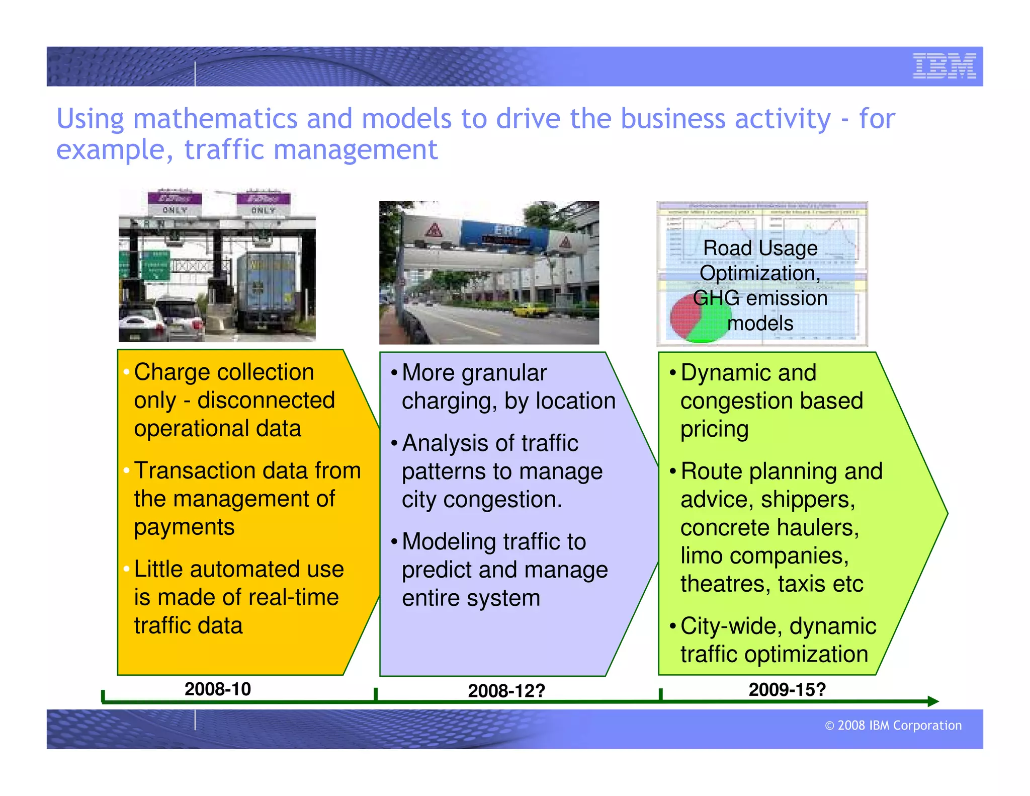© 2008 IBM Corporation
Using mathematics and models to drive the business activity - for
example, traffic management
Operational/
Transactional
Road Usage
Optimization,
GHG emission
models
•More granular
charging, by location
•Analysis of traffic
patterns to manage
city congestion.
•Modeling traffic to
predict and manage
entire system
•Dynamic and
congestion based
pricing
•Route planning and
advice, shippers,
concrete haulers,
limo companies,
theatres, taxis etc
•City-wide, dynamic
traffic optimization
•Charge collection
only - disconnected
operational data
•Transaction data from
the management of
payments
•Little automated use
is made of real-time
traffic data
Business
Development
Operational/ Transactional Insights System wide control
2008-10 2008-12? 2009-15?
 