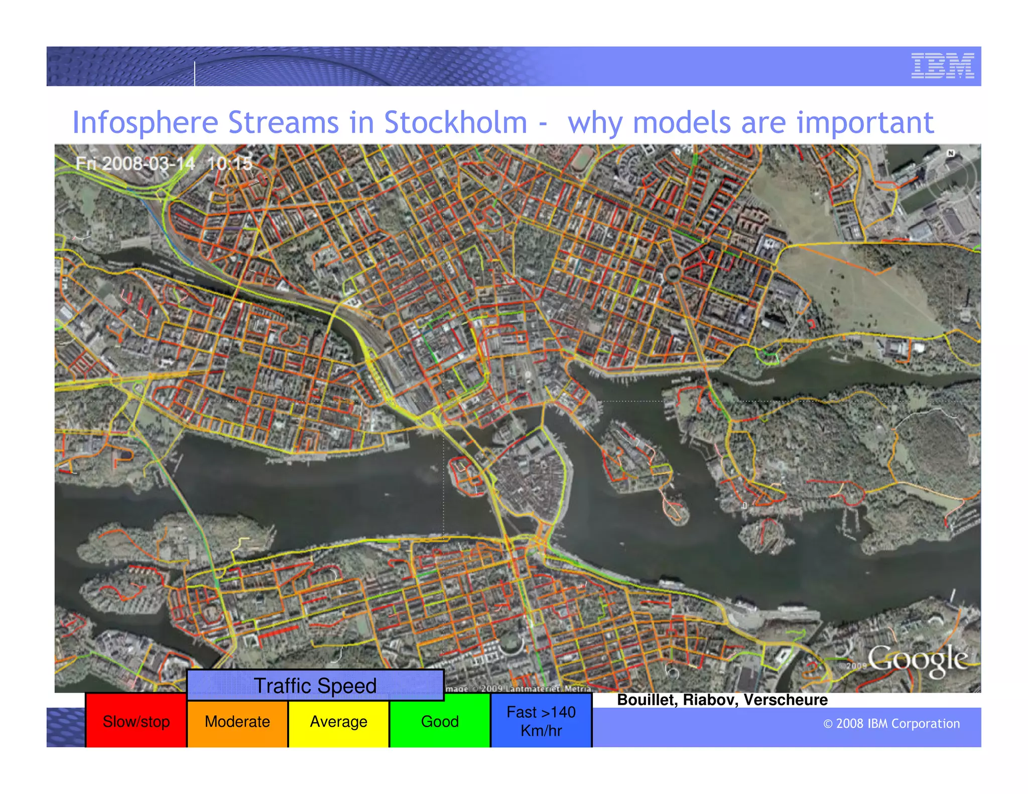 © 2008 IBM Corporation
Infosphere Streams in Stockholm - why models are important
Slow/stop Moderate Average Good
Fast >140
Km/hr
Bouillet, Riabov, Verscheure
Traffic Speed
 