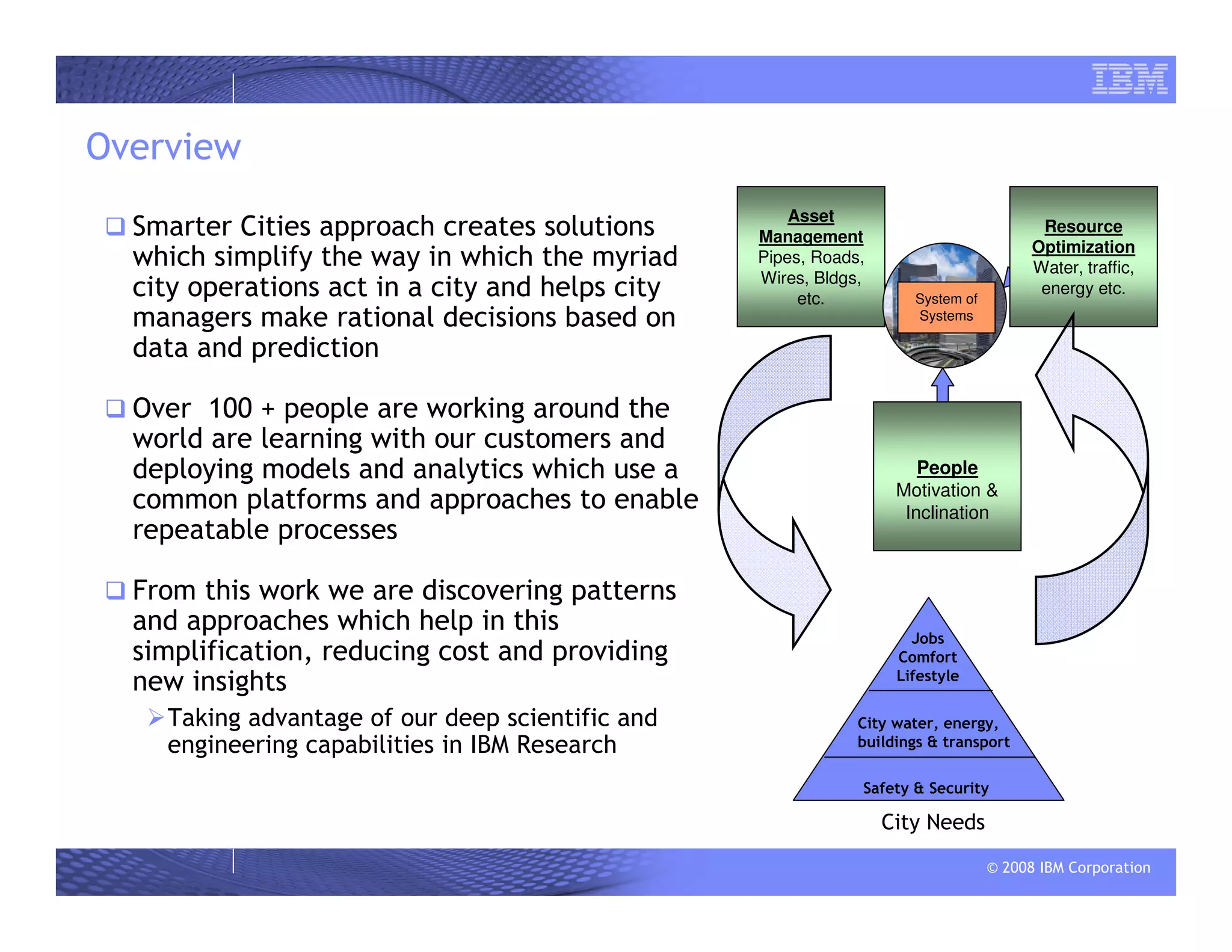 © 2008 IBM Corporation
Overview
Smarter Cities approach creates solutions
which simplify the way in which the myriad
city operations act in a city and helps city
managers make rational decisions based on
data and prediction
Over 100 + people are working around the
world are learning with our customers and
deploying models and analytics which use a
common platforms and approaches to enable
repeatable processes
From this work we are discovering patterns
and approaches which help in this
simplification, reducing cost and providing
new insights
Taking advantage of our deep scientific and
engineering capabilities in IBM Research
Asset
Management
Pipes, Roads,
Wires, Bldgs,
etc.
Resource
Optimization
Water, traffic,
energy etc.
People
Motivation &
Inclination
System of
Systems
Safety & Security
City water, energy,
buildings & transport
Jobs
Comfort
Lifestyle
City Needs
 