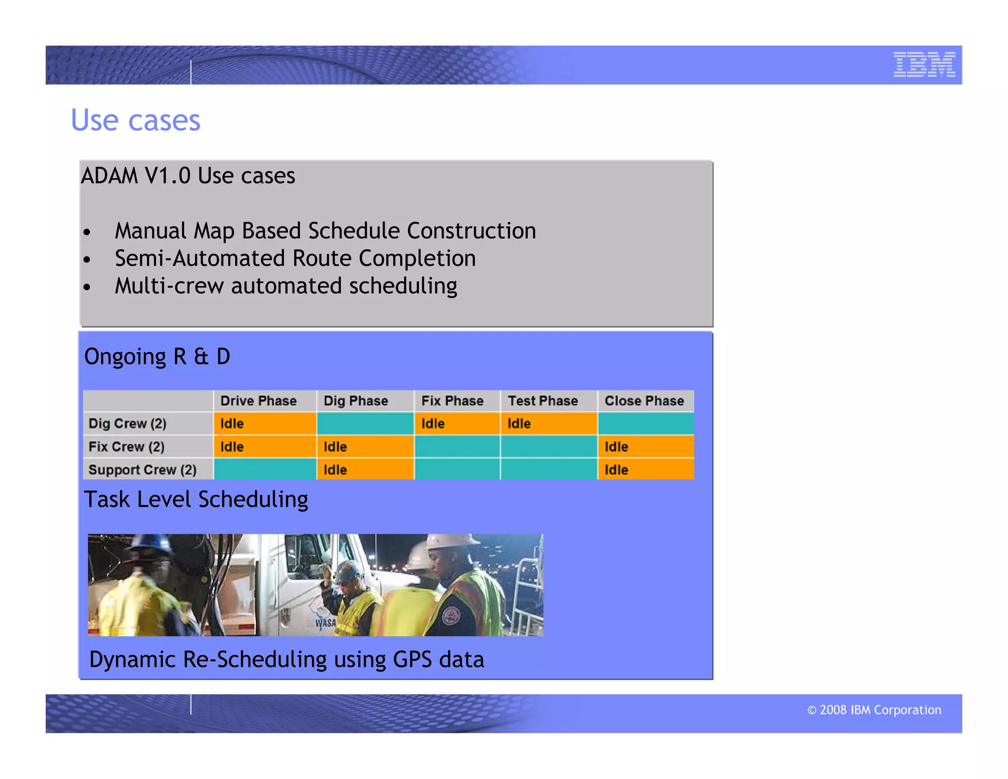 © 2008 IBM Corporation
Use cases
Task Level Scheduling
Dynamic Re-Scheduling using GPS data
ADAM V1.0 Use cases
• Manual Map Based Schedule Construction
• Semi-Automated Route Completion
• Multi-crew automated scheduling
Ongoing R & D
 