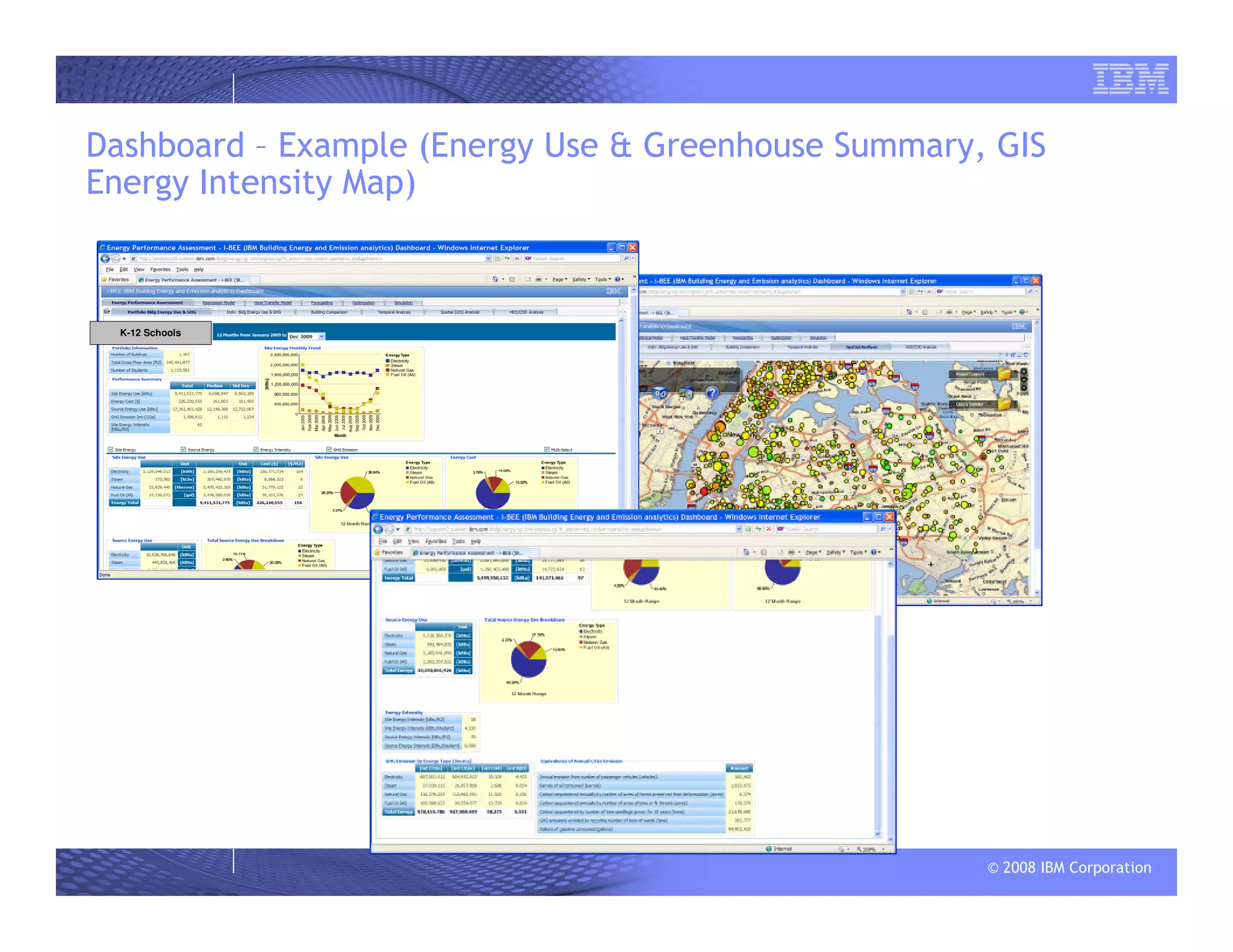 © 2008 IBM Corporation
Dashboard – Example (Energy Use & Greenhouse Summary, GIS
Energy Intensity Map)
K-12 Schools
 