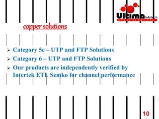 copper solutions
 Category 5e – UTP and FTP Solutions
 Category 6 – UTP and FTP Solutions
 Our products are independently verified by
Intertek ETL Semko for channel performance
10
 