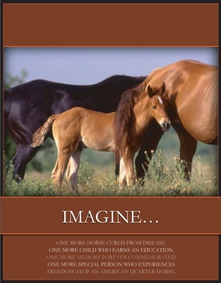 ONE MORE HORSE CURED FROM DISEASE.
ONE MORE CHILD WHO EARNS AN EDUCATION.
ONE MORE MEMORY FOREVER COMMEMORATED.
ONE MORE SPECIAL PERSON WHO EXPERIENCES
FREEDOM ATOP AN AMERICAN QUARTER HORSE.
IMAGINE…
 
