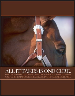 ALL IT TAKES IS ONE CURE.ONE CURE TO PROLONG A LIFE. ONE CURE TO PROTECT A SPECIAL BOND.
ONECURETOIMPROVETHEWELL-BEINGOFAMERICA’SHORSE.
 