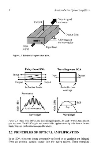 8 Semiconductor Optical Amplifiers
2.2 PRINCIPLES OF OPTICAL AMPLIFICATION
In an SOA electrons (more commonly referred to as carriers) are injected
from an external current source into the active region. These energised
 
