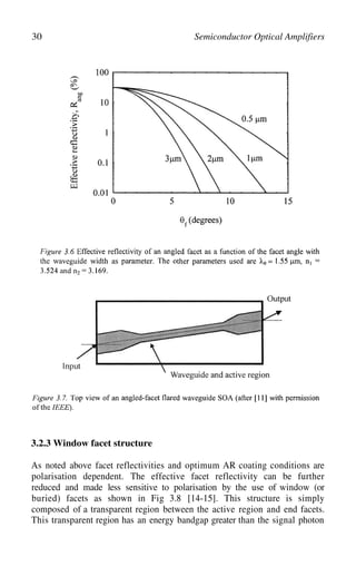 30 Semiconductor Optical Amplifiers
3.2.3 Window facet structure
As noted above facet reflectivities and optimum AR coating conditions are
polarisation dependent. The effective facet reflectivity can be further
reduced and made less sensitive to polarisation by the use of window (or
buried) facets as shown in Fig 3.8 [14-15]. This structure is simply
composed of a transparent region between the active region and end facets.
This transparent region has an energy bandgap greater than the signal photon
 