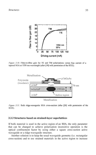 Structures 33
3.3.3 Structures based on strained-layer superlattices
If bulk material is used in the active region of an SOA, the only parameter
that can be changed to achieve polarisation insensitive operation is the
optical confinement factor by using either a square cross-section active
waveguide or a ridge-waveguide structure.
Another solution is to keep the usual waveguide geometry (i.e. rectangular
cross-section) and to use strained materials in the active region to increase
 