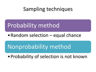 Sampling techniques
Probability method
•Random selection – equal chance
Nonprobability method
•Probability of selection is not known
 