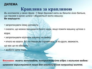 ДИЛЕМА
Краплина за краплиною
Ви гостюєте у свого друга. У дворі другової хати ви бачите його батька,
що тримає в руках шланг і збирається мити машину.
Ви вирішуєте:
• запропонувати йому допомогу;
• сказати, що можна заощадити багато води, якщо помити машину щіткою з
відра;
• запропонувати відігнати машину на мийку;
• нічого не казати, бо, по-перше,ви соромитесь, а по-друге, вважаєте,
що вас це не обходить;
• зробити щось інше.
Висновок: миючи автомобіль, використовуйте відро з мильною водою:
шлангом користуйтеся лише для ополіскування наприкінці миття.
 