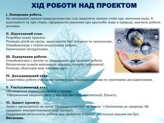 ХІД РОБОТИ НАД ПРОЕКТОМ
І. Попередня робота.
На попередніх уроках природознавства слід закріпити знання учнів про значення води, її
властивості та три стани, сформувати уявлення про кругообіг води в природі, навчити робити
розчини.
ІІ. Підготовчий етап.
Розробка плану проекту.
Розподіл дітей на групи, враховуючи їхні інтереси та захоплення.
Ознайомлення з темою колективної роботи.
Проведення інструктажів.
III. Планування роботи.
Ознайомлення з метою та завданнями для групової роботи.
Визначення шляхів виконання завдань, пошуку інформації.
Розподіл обов'язків між членами груп.
IV. Дослідницький етап.
Самостійна робота учасників проекту над індивідуальними та груповими дослідженнями.
V. Узагальнюючий етап.
Обговорення отриманих даних у групах.
Оформлення творчого звіту у вигляді виступу, презентації, буклету.
VI. Захист проекту.
Захист проводиться на уроці "Природознавство" за темою "«»Запитання до природи. Як
економно використовувати воду вдома?»
Оцінювання результатів роботи над проектом в цілому, наскільки вдалим він був.
Висновки.
 