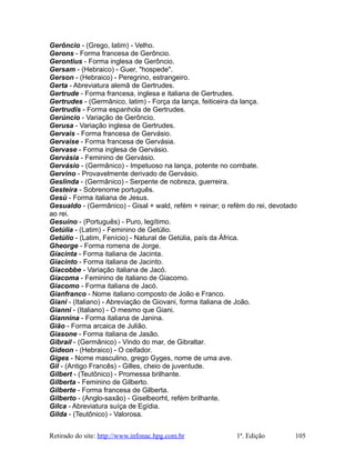 Gerôncio - (Grego, latim) - Velho.
Gerons - Forma francesa de Gerôncio.
Gerontius - Forma inglesa de Gerôncio.
Gersam - (Hebraico) - Guer, "hospede".
Gerson - (Hebraico) - Peregrino, estrangeiro.
Gerta - Abreviatura alemã de Gertrudes.
Gertrude - Forma francesa, inglesa e italiana de Gertrudes.
Gertrudes - (Germânico, latim) - Força da lança, feiticeira da lança.
Gertrudis - Forma espanhola de Gertrudes.
Gerúncio - Variação de Gerôncio.
Gerusa - Variação inglesa de Gertrudes.
Gervais - Forma francesa de Gervásio.
Gervaise - Forma francesa de Gervásia.
Gervase - Forma inglesa de Gervásio.
Gervásia - Feminino de Gervásio.
Gervásio - (Germânico) - Impetuoso na lança, potente no combate.
Gervino - Provavelmente derivado de Gervásio.
Geslinda - (Germânico) - Serpente de nobreza, guerreira.
Gesteira - Sobrenome português.
Gesù - Forma italiana de Jesus.
Gesualdo - (Germânico) - Gisal + wald, refém + reinar; o refém do rei, devotado
ao rei.
Gesuíno - (Português) - Puro, legítimo.
Getúlia - (Latim) - Feminino de Getúlio.
Getúlio - (Latim, Fenício) - Natural de Getúlia, país da África.
Gheorge - Forma romena de Jorge.
Giacinta - Forma italiana de Jacinta.
Giacinto - Forma italiana de Jacinto.
Giacobbe - Variação italiana de Jacó.
Giacoma - Feminino de italiano de Giacomo.
Giacomo - Forma italiana de Jacó.
Gianfranco - Nome italiano composto de João e Franco.
Giani - (Italiano) - Abreviação de Giovani, forma italiana de João.
Gianni - (Italiano) - O mesmo que Giani.
Giannina - Forma italiana de Janina.
Gião - Forma arcaica de Julião.
Giasone - Forma italiana de Jasão.
Gibrail - (Germânico) - Vindo do mar, de Gibraltar.
Gideon - (Hebraico) - O ceifador.
Giges - Nome masculino, grego Gyges, nome de uma ave.
Gil - (Antigo Francês) - Gilles, cheio de juventude.
Gilbert - (Teutônico) - Promessa brilhante.
Gilberta - Feminino de Gilberto.
Gilberte - Forma francesa de Gilberta.
Gilberto - (Anglo-saxão) - Giselbeorht, refém brilhante.
Gilca - Abreviatura suíça de Egídia.
Gilda - (Teutônico) - Valorosa.
Retirado do site: http://www.infonac.hpg.com.br 1ª. Edição 105
 