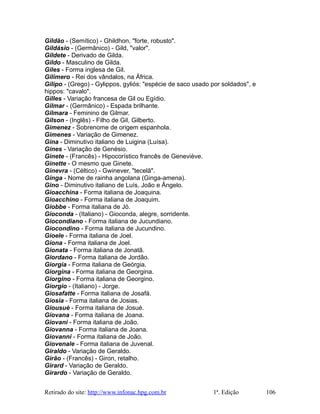 Gildão - (Semítico) - Ghildhon, "forte, robusto".
Gildásio - (Germânico) - Gild, "valor".
Gildete - Derivado de Gilda.
Gildo - Masculino de Gilda.
Giles - Forma inglesa de Gil.
Gilimero - Rei dos vândalos, na África.
Gilipo - (Grego) - Gylippos, gyliós: "espécie de saco usado por soldados", e
hippos: "cavalo".
Gilles - Variação francesa de Gil ou Egídio.
Gilmar - (Germânico) - Espada brilhante.
Gilmara - Feminino de Gilmar.
Gilson - (Inglês) - Filho de Gil, Gilberto.
Gimenez - Sobrenome de origem espanhola.
Gimenes - Variação de Gimenez.
Gina - Diminutivo italiano de Luigina (Luísa).
Gines - Variação de Genésio.
Ginete - (Francês) - Hipocorístico francês de Geneviève.
Ginette - O mesmo que Ginete.
Ginevra - (Céltico) - Gwinever, "tecelã".
Ginga - Nome de rainha angolana (Ginga-amena).
Gino - Diminutivo italiano de Luís, João e Ângelo.
Gioacchina - Forma italiana de Joaquina.
Gioacchino - Forma italiana de Joaquim.
Giobbe - Forma italiana de Jó.
Gioconda - (Italiano) - Gioconda, alegre, sorridente.
Giocondiano - Forma italiana de Jucundiano.
Giocondino - Forma italiana de Jucundino.
Gioele - Forma italiana de Joel.
Giona - Forma italiana de Joel.
Gionata - Forma italiana de Jonatã.
Giordano - Forma italiana de Jordão.
Giorgia - Forma italiana de Geórgia.
Giorgina - Forma italiana de Georgina.
Giorgino - Forma italiana de Georgino.
Giorgio - (Italiano) - Jorge.
Giosafatte - Forma italiana de Josafá.
Giosia - Forma italiana de Josias.
Giousuè - Forma italiana de Josué.
Giovana - Forma italiana de Joana.
Giovani - Forma italiana de João.
Giovanna - Forma italiana de Joana.
Giovanni - Forma italiana de João.
Giovenale - Forma italiana de Juvenal.
Giraldo - Variação de Geraldo.
Girão - (Francês) - Giron, retalho.
Girard - Variação de Geraldo.
Girardo - Variação de Geraldo.
Retirado do site: http://www.infonac.hpg.com.br 1ª. Edição 106
 