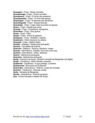Guarapari - (Tupi) - Garça vermelha.
Guarapiranga - (Tupi) - Guará vermelho.
Guarapuava - (Tupi) - O rumor dos pássaros.
Guaraqueçaba - (Tupi) - O ninho das garças.
Guararapes - (Tupi) - O estrondo dos tambores.
Guaratinguetá - (Tupi) - Garças brancas.
Guaratuba - (Tupi) - Lugar onde se juntam as garças.
Guaru - (Tupi) - Aquele que come.
Guarujá - (Tupi) - Comedores, barrigudos.
Guarulhos - (Tupi) - Dos guarus.
Guayr - (Tupi) - Filho.
Guaytí - (Tupi) - Ninho de pássaro.
Guataçara - (Tupi) - Andarilho, viajante.
Guatmozin - Herói mexicano ou asteca.
Guaxupé - (Tupi) - Abelha negra.
Guedes - (Galego) - Sobrenome português.
Gueiros - Corruptela de Queirós.
Guercino - (Italiano) - Guercio, estrábico, vesgo.
Guerda - (Germânico) - Esbelta, fina como uma vara.
Guerino - (Germânico) - Warin, defensor.
Guerra - Sobrenome português.
Guerreiro - Sobrenome português.
Guida - Feminino de Guido. Também variação de Margarida e de Ágata.
Guido - (Teutônico) - Wido, floresta, bosques.
Guilherme - (Teutônico) - O que protege, o protetor.
Guilhermino - Diminutivo de Guilherme.
Guimarães - (Germânico) - Wigmar, cavalo de combate.
Guiomar - (Teutônico) - Gloriosa, ilustre.
Guita - Variação de Margarida.
Gunter - (Germânico) - Exército guerreiro.
Guy - Forma francesa e inglesa de Guido.
Retirado do site: http://www.infonac.hpg.com.br 1ª. Edição 111
 