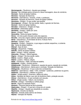 Hermengarda - (Teutônico) - Aquela que protege.
Hermes - Na mitologia greco-romana é o deus mensageiro, deus do comércio.
Hermeto - Santo da Igreja Católica.
Hermine - Variação de Hermínia.
Hermínio - (Germânico) - Grande, o forte, o poderoso.
Hermino - Variação de Hermínio. Santo da Igreja Católica.
Hermione - (Grego) - O que oculta, que guarda.
Hermógenes - (Grego) - De boa saúde, sadio, o gerado de Hermes.
Hermon - Santo da Igreja Católica.
Herodes - (Hebraico) - Dragão em fogo.
Herodiano - Historiador grego.
Heródoto - (Grego) - Dado por Juno.
Heron - (Grego) - Herói.
Herondina - Santa da Igreja Católica.
Heros - Um dos quatro deuses Lares dos egípcios.
Hersília - Uma das virgens sabinas raptadas pelos romanos.
Herta - (Germânico) - A divindade da terra. A deusa Terra.
Hesíoso - (Grego) - Guia.
Hespéria - (Grego) - Hesperos, o que segue a estrela vespertina, o ocidente.
Hia - Santa da Igreja Católica.
Hibrael - Anjo do bem.
Hidalgo - (Espanhol) - Fidalgo.
Hidulfo - Santo da Igreja Católica.
Hiero - (Grego) - Hieros, sagrado.
Hiérocles - (Grego) - Glória sagrada.
Higino - (Grego) - De boa saúde, sadio.
Hilária - (Latim) - Alegre, jovial.
Hilário - (Latim) - Hilarius, alegre.
Hilda - (Teutônico) - Hilde, donzela de batalha.
Hildeberto - (Celta) - Grande senhor.
Hildebrando - (Teutônico) - Hildebrand, espada de guerra, espada de combate.
Hildefonso - (Germânico) - Alerta para o combate. Variação de Ildefonso.
Hildegardo - (Teutônico) - O que cuida dos combatentes.
Hilderico - (Germânico) - Hilde + rihhi, combate + poderoso, poderoso na guerra.
Hildemar - (Germânico) - Célebre na guerra.
Hildon - (Anglo-saxão) - Guerreiro, aldeia da colina.
Hilma - Variação de Helma, que vem do teutônico Helm, proteção escudo.
Hilmar - (Germânico) - O que combate com escudo.
Hilton - (Anglo-saxão) - Hyltum, da montanha.
Himério - (Grego) - Gramático e sofista grego.
Henah - Sogra do apóstolo Pedro.
Hioseris - Pequena planta de flora amarela.
Hipócrates - (Grego) - O que tem a força de um cavalo.
Hipólito - (Grego) - Aquele que desatrela os cavalos.
Hipômone - Amante de Atlante.
Hiponax - Grande poeta satírico da Grécia.
Hipsea - Variação de Hipséia.
Retirado do site: http://www.infonac.hpg.com.br 1ª. Edição 114
 