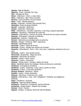Hipséia - Mãe de Medéia.
Hipurina - (Tupi) - Donzela, flor, fruta.
Hirã - Variação de Hiran.
Hiram - (Hebraico) - Hiram, o mais nobre.
Hiran - (Hebraico) - Meu irmão é excelso.
Hircano - Sumo pontífice e rei dos judeus.
Hiren - (Tupi) - Gavião pequeno.
Hiroíto - (Japonês) - Homem (hito) grande (hiro).
Hirônides - Santo da Igreja Católica.
Hiroshi - (Japonês) - Generoso.
Hisoka - (Japonês) - Reservado.
Hitler - (Germânico) - Lavrador, cabaneiro, o da choça, pequeno agricultor.
Hoffman - (Teutônico) - Atendente de corte real.
Hofmann - (Germânico) - Homem da quinta, servente de uma quinta, lavrador.
Holanda - (Português) - Nascido na Holanda.
Holofernes - (Assírio) - Capitão forte.
Homem - Sobrenome que antigamente era alcunha.
Homero - (Grego) - Homeros, refém, segurança.
Honesto - Significação literal.
Honorata - (Latim) - Digna de honras.
Honorato - (Latim) - Aquele que merece ser honrado.
Honorico - (Germânico) - Hunn + rihhi, urso novo + poderoso; poderoso como um
urso.
Honorina - (Latim) - Que recebe honras.
Honorinda - (Esperanto) - Digna de honra.
Honorino - Diminutivo de Honório.
Honório - (Latim) - Honor, honra.
Honorius - (Latim) - Honorável.
Horácio - (Grego, latim) - Horatius, relativo às horas.
Horta - Significado literal. Na mitologia, Horta era deusa da Juventude.
Hortência - Corruptela de Hortênsia.
Hortênsia - (Latim) - Hortensia, a que cultiva o jardim ou horta.
Hortênsio - (Latim) - O da horta, jardineiro.
Hosana, Hosanã - (Hebraico) - Salve!
Hostílio - (Latim) - Hostil, adversário.
Huáscar - (Quíchua) - Corda de ouro, corda.
Huberto - (Germânico) - Hug + bert, inteligência + brilhante; de inteligência
brilhante.
Hugo - (Teutônico) - Ajuizado.
Hugolino - Santo da Igreja Católica.
Humberto - (Teutônico) - Hunberaht, espírito brilhante.
Humphrey - (Anglo-saxão) - Gigante que protege.
Hurassí - (Tupi) - Nuvem.
Hypséa - (Grego) - A esperta. Nome da mãe de Medéia.
Retirado do site: http://www.infonac.hpg.com.br 1ª. Edição 115
 