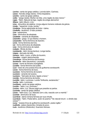 Levina - santa da igreja católica. Levindo-latim. Canhoto.
Liana - francês antigo (liane). Vinha trepadeira.
Licério - santo da igreja católica.
Lídia - "grego (lydia). Mulher da lídia, uma região da ásia menor."
Lígia - "latim. Natural da lígia, região da antiga alemanha'
liliane - latim (lilium). Lírio.
Lina - dimunitivo de adelina. Linceu-alguns homens notáveis da grécia.
Linda - "espanhol. Linda, bonita."
Lindalva - forma aglutinada de linda + dalva.
Lindolfo - teutônico. O lobo protetor.
Lira - sobrenome.
Lisa - diminutivo de elisabete.
Lisabete - variante de elisabete.
Lisandro - grego. O que liberta o homem.
Lissandra - forma feminina de lisandro.
Lívia - forma feminina de lívio.
Liz - forma diminutiva de elisabete.
Liza - forma diminutiva de isabel.
Lobato - filhote de lobo.
Lombardo - latim (lonog bardus). Longa barba.
Lópes - derivado de lobo.
Lorena - latim. Louro, a folha do loureiro.
Lourdes - origem desconhecida.
Lourênça - forma feminina de lourenço
lourêncio - latim (laurentius). Laureado.
Lucas - nome do terceiro evangelista.
Lucélia - forma feminina de lucélio.
Luci - título de uma poesia lírica de guilherme wordsworth.
Lúcia - forma feminina de lúcio.
Luciana - forma feminina de luciano
Luciane - veriante de luciana.
Luciano - "derivado de lúcio, ligado a lúcio."
Lúcida - forma feminina de lúcido.
Lucidio - latim. Luminoso. Lucido-"brilhante, esclarecido."
Lucila - latim. Luminosa.
Luciliano - santo da igreja católica.
Lucílio - "latim. Luz, luminoso."
Lucina - latim. Luz. Deusa pagã que presidia os partos.
Lucinda - santa da igreja católica.
Lúcio - "latim (lux). Luz. Nascido com o dia, nascido com a manhã."
Luciola - diminutivo de lúcia.
Lucrécia - dama romana famosa por sua virtude.
Lucrécio - "latim. Poeta latino, autor do poema ""de natural rerum - o direito das
coisas""."
Lucy - "poesia lírica de guilherme wordsworth, poeta inglês."
Ludmila - eslavo (ljudumilu). Amada do povo.
Luís - teutônico (hlodoviko). Guerreiro famoso.
Retirado do site: http://www.infonac.hpg.com.br 1ª. Edição 123
 