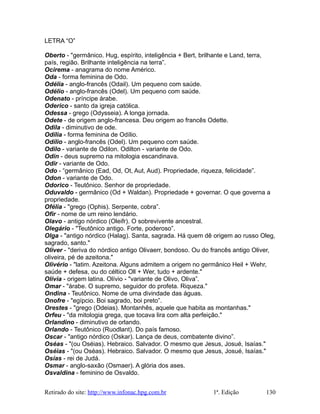 LETRA “O”
Oberto - "germânico. Hug, espírito, inteligência + Bert, brilhante e Land, terra,
país, região. Brilhante inteligência na terra”.
Ocirema - anagrama do nome Américo.
Oda - forma feminina de Odo.
Odélia - anglo-francês (Odail). Um pequeno com saúde.
Odélio - anglo-francês (Odel). Um pequeno com saúde.
Odenato - príncipe árabe.
Oderico - santo da igreja católica.
Odessa - grego (Odysseia). A longa jornada.
Odete - de origem anglo-francesa. Deu origem ao francês Odette.
Odila - diminutivo de ode.
Odília - forma feminina de Odílio.
Odílio - anglo-francês (Odel). Um pequeno com saúde.
Odilo - variante de Odilon. Odilton - variante de Odo.
Odin - deus supremo na mitologia escandinava.
Odir - variante de Odo.
Odo - “germânico (Ead, Od, Ot, Aut, Aud). Propriedade, riqueza, felicidade”.
Odon - variante de Odo.
Odorico - Teutônico. Senhor de propriedade.
Oduvaldo - germânico (Od + Waldan). Propriedade + governar. O que governa a
propriedade.
Ofélia - "grego (Ophis). Serpente, cobra”.
Ofir - nome de um reino lendário.
Olavo - antigo nórdico (Oleifr). O sobrevivente ancestral.
Olegário - "Teutônico antigo. Forte, poderoso”.
Olga - "antigo nórdico (Halag). Santa, sagrada. Há quem dê origem ao russo Oleg,
sagrado, santo."
Oliver - "deriva do nórdico antigo Olivaerr, bondoso. Ou do francês antigo Oliver,
oliveira, pé de azeitona."
Olivério - "latim. Azeitona. Alguns admitem a origem no germânico Heil + Wehr,
saúde + defesa, ou do céltico Oll + Wer, tudo + ardente."
Olívia - origem latina. Olívio - "variante de Olivo, Oliva”.
Omar - "árabe. O supremo, seguidor do profeta. Riqueza."
Ondina - Teutônico. Nome de uma divindade das águas.
Onofre - "egípcio. Boi sagrado, boi preto”.
Orestes - "grego (Odeias). Montanhês, aquele que habita as montanhas."
Orfeu - "da mitologia grega, que tocava lira com alta perfeição."
Orlandino - diminutivo de orlando.
Orlando - Teutônico (Ruodlant). Do país famoso.
Oscar - "antigo nórdico (Oskar). Lança de deus, combatente divino”.
Oséas - "(ou Oséias). Hebraico. Salvador. O mesmo que Jesus, Josué, Isaías."
Oséias - "(ou Oséas). Hebraico. Salvador. O mesmo que Jesus, Josué, Isaías."
Osías - rei de Judá.
Osmar - anglo-saxão (Osmaer). A glória dos ases.
Osvaldina - feminino de Osvaldo.
Retirado do site: http://www.infonac.hpg.com.br 1ª. Edição 130
 