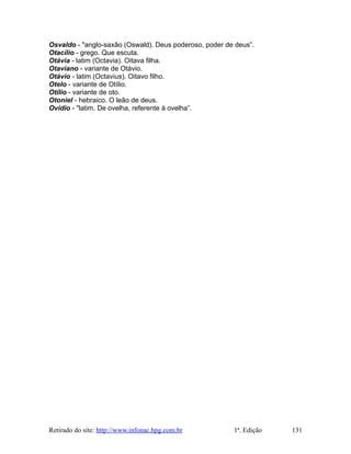 Osvaldo - "anglo-saxão (Oswald). Deus poderoso, poder de deus”.
Otacílio - grego. Que escuta.
Otávia - latim (Octavia). Oitava filha.
Otaviano - variante de Otávio.
Otávio - latim (Octavius). Oitavo filho.
Otelo - variante de Otílio.
Otílio - variante de oto.
Otoniel - hebraico. O leão de deus.
Ovídio - "latim. De ovelha, referente à ovelha”.
Retirado do site: http://www.infonac.hpg.com.br 1ª. Edição 131
 