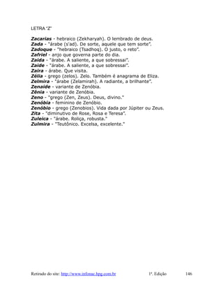 LETRA “Z”
Zacarias - hebraico (Zekharyah). O lembrado de deus.
Zada - "árabe (s'ad). De sorte, aquele que tem sorte”.
Zadoque - "hebraico (Tsadhoq). O justo, o reto”.
Zafriel - anjo que governa parte do dia.
Zaida - "árabe. A saliente, a que sobressai”.
Zaide - "árabe. A saliente, a que sobressai”.
Zaira - árabe. Que visita.
Zélia - grego (zelos). Zelo. Também é anagrama de Eliza.
Zelmira - "árabe (Zelamirah). A radiante, a brilhante”.
Zenaide - variante de Zenóbia.
Zênia - variante de Zenóbia.
Zeno - "grego (Zen, Zeus). Deus, divino."
Zenóbia - feminino de Zenóbio.
Zenóbio - grego (Zenobios). Vida dada por Júpiter ou Zeus.
Zita - "diminutivo de Rose, Rosa e Teresa”.
Zuleica - "árabe. Roliça, robusta."
Zulmira - "Teutônico. Excelsa, excelente."
Retirado do site: http://www.infonac.hpg.com.br 1ª. Edição 146
 
