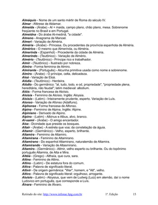 Almáquio - Nome de um santo mártir de Roma do século IV.
Almar - Aférese de Aldamar.
Almeida - (Árabe) - Al + maida, campo plano, chão plano, mesa. Sobrenome
freqüente no Brasil e em Portugal.
Almeidna - Do árabe Al-medinâ, "a cidade".
Almeno - Anagrama de Manoel.
Almeri - Variação de Alméria.
Alméria - (Árabe) - Princesa. Ou procedentes da província espanhola de Alméria.
Almérico - O mesmo que Almerinda, ou Alméria.
Almerinda - (Espanhol) - Procedente da cidade de Alméria.
Almerindo - (Teutônico) - Variação de Almério.
Almério - (Teutônico) - Príncipe rico e trabalhador.
Almir - (Teutônico) - Ilustrado por nobreza.
Almira - Forma feminina de Almiro.
Almirante - (Português) - Alcunha primitiva usada como nome e sobrenome.
Almiro - (Árabe) - O príncipe, celta, delicadeza.
Aloá - Variação de Eloá.
Alódia - (Teutônico) - Herdeira.
Alódio - Do germânico: "al, tudo, todo, e od, propriedade", "propriedade plena,
hereditária, não feudal"; latim medieval: allodium.
Alóis - Forma francesa de Aloísio.
Aloísia - Feminino de Aloísio. Inglês: Aloysia.
Aloísio - (Latim) - Inteiramente prudente, esperto. Variação de Luís.
Alonso - Variação de Afonso (Adalfuns).
Alphonse - Forma francesa de Alfonso.
Alpina - Feminino de Alpina. Inglês: Alpine.
Alpiniano - Derivado de Alpino.
Alpino - (Latim) - Albinus e Albus, alvo, branco.
Al-samir - (Árabe) - O amigo encantador.
Alse - Divindade que preside os bosques.
Altair - (Árabe) - A estrela que voa; da constelação da águia.
Altamir - (Germânico) - Velho, esperto, brilhante.
Altamira - Feminino de Altamiro.
Altamirana - Feminino de Altamirano.
Altamirano - Do espanhol Altamirano, naturalemão de Altamira.
Altamirando - Variação de Altasmirano.
Altamiro - (Germânico) - Altmir, velho esperto ou brilhante. Ou do topônimo
português Altamira, de Alta e Mira.
Altéia - (Grego) - Althaía, que cura, sara.
Altina - Feminino de Altino.
Altino - (Latim) - De estatura fora do comum.
Altiva - Palavra de significado literal.
Altivir - De origem germânica: "Wer", homem, e "Alt", velho.
Altivo - Palavra de significado literal: orgulhoso, arrogante.
Aluísio - (Latim) - Aloysius, que vem de Ludwig (Luiz) em alemão, daí o nome
Ludovico em português, que corresponde a Luís.
Álvara - Feminino de Álvaro.
Retirado do site: http://www.infonac.hpg.com.br 1ª. Edição 15
 