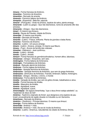 Amans - Forma francesa de Amâncio.
Amantina - Feminino de Amantino.
Amantino - Derivado de amante.
Amanzio - Feminino italiano de Amâncio.
Amapola - (Espanhol) - Bela flor, papoula.
Amaral - (Português) - Onde há amaros, espécie de salva, planta amarga.
Amarante - (Latim ou grego) - Que não desmerece, nome do amaranto (flor dos
amores).
Amaranto - (Grego) - Que não desmerece.
Amari - O mesmo que Amaury.
Amária - Deusa de Fésulas, cidade da Etrúria.
Amarilda - O mesmo que Amarilis.
Amarílio - Derivado de Amarílis.
Amarílis - (Latim) - Fresca, brilhante. Planta de grandes e belas flores.
Amarina - Feminino de Amarino.
Amarino - (Latim) - Um pouco amargo.
Amaro - (Latim) - Amarus, amargo. O mesmo que Mauro.
Amary - (Tupi) - Árvore da família das rutáceas.
Amasias - (Hebraico) - Javé confirmou.
Amata - (Latim) - Amada.
Amato - (Latim) - Amado.
Amauri - Forma francesa do germânicoAmalarico, homem altivo, laborioso.
Amazonas - (Grego) - Amazónes, sem seio.
Ambrogina - Forma italiana de Ambrosina.
Ambrogio - Formaitaliana de Ambrósio.
Ambros - Redução alemã de Ambrósio.
Ambrose - Forma inglesa de Ambrósio.
Ambrósia - Variação feminina de Ambrósio.
Ambrosina - Variação feminina de Ambrósio, que vem do grego Ambrotos.
Ambrosino - Diminutivo de Ambrósio. Francês: Ambrosin; italiano: Ambrogino.
Ambrósio - (Grego) - Abrotos, o divino, o imortal.
Ambrosius - Forma alemã de Ambrósio.
Amélia - Variação de Amália, que vem do gótico Amala, trabalhadora e ativa.
Amélie - Forma francesa de Amália.
Amélio - Masculino de Amélia.
Amena - Agradável, suave.
Ameno - Agradável, suave.
Amenotep(e) - Do egípcio Amenhotep, "que o deus Amon esteja satisfeito", ou
"esplendor do disco do Sol".
América - Topônimo originado de Ameri, que designava uma espécie de pau
brasil, provavelmente de região situada no Industão ou em Samantra.
Americana - Derivado de América.
Américo - (Teutônico) - Príncipe laborioso. O mesmo que Amauri.
Amerigo - Forma italiana de Américo.
Ameríndia - América + índia.
Ameríndio - América + índio. Diz-se do íncola da América.
Amerino - (Latim) - Amerinus, naturalemão da cidade de América, Etrúria.
Retirado do site: http://www.infonac.hpg.com.br 1ª. Edição 17
 