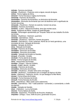 Arlinda - Feminino de Arlindo.
Arlindo - (Teutônico) - Poderoso como a águia, escudo da águia.
Arline - Forma inglesa de Arlina.
Armand - Forma francesa e inglesa de Armando.
Armanda - Feminino de Armando.
Armandina - Feminino de Armandino, ou diminutivo de Armanda.
Armandino - Diminutivo de Armando que vem do teutônico com o significado de
homem de armas.
Armando - (Teutônico) - Homem do exército, homem de armas.
Armênia - Feminino de Armênio.
Armênio - (Latim) - Natural da Armênia, terra dos montes azuis.
Armia - Anagrama de Maria, criação do poeta Bocage.
Armida - Personagem apresentado por Torquato Tasso em seu trabalho Os Ardis
de Armida.
Armina - (Teutônico) - Harimann, guerreira.
Arminda - (Germânica) - Doce.
Armindo - (Teutônico) - Harimann, homem de guerra.
Armínio - (Germânico) - Forte, poderoso. Nome de um herói germânico, uma
divindade de Irmin. Variação de Armindo.
Armino - Variação de Armínio.
Arna - Redução de Arnalda.
Arnalda - Feminino de Arnaldo.
Arnaldina - Diminutivo de Arnalda.
Arnaldino - Diminutivo de Arnaldo.
Arnaldo - Variação de Arnoldo ou Haroldo.
Arnaud - (Francês) - Arnaldo.
Arnhold - Forma alemã de Arnoldo.
Arnira - Forma húngara de Arnolda.
Arno - Hipocorístico de Arnoldo.
Arnóbio - (Grego) - Vida de Cordeiro.
Arnold - (Inglês, alemã) - Arnaldo.
Arnolda - Feminino de Arnoldo.
Arnoldina - Diminutivo de Arnolda.
Arnoldo - (Teutônico) - Arwald, forte como uma águia.
Arnolfo - (teutônico) - Combatente com a coragem da águia e do lobo.
Arnon - (Hebraico) - Topônimo, Armôn, rio que deságua no Mar Morto.
Arnost - Forma tcheca de Ernesto.
Arnould - Forma francesa de Arnold.
Arnoulf - Forma francesa de Arnulfo.
Arns - (Germânico) - Mais usado como sobrenome.
Arnulfo - (Germânico) - Hari + wald (exército + comandar), o comandante, o chefe
do exército.
Aroldo - Variação de Haroldo.
Aron - (Hebraico) - Luz ou iluminado.
Aronne - Forma italiana de Aarão.
Arouche - (Espanhol) - Procedente de Arouche, Andaluzia.
Arquelau - (Grego) - Guia, chefe do povo, governador do povo.
Retirado do site: http://www.infonac.hpg.com.br 1ª. Edição 27
 