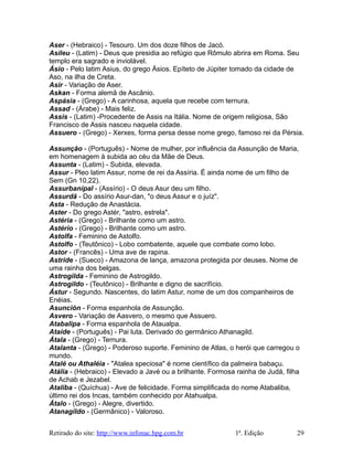 Aser - (Hebraico) - Tesouro. Um dos doze filhos de Jacó.
Asileu - (Latim) - Deus que presidia ao refúgio que Rômulo abrira em Roma. Seu
templo era sagrado e inviolável.
Ásio - Pelo latim Asius, do grego Ásios. Epíteto de Júpiter tomado da cidade de
Aso, na ilha de Creta.
Asir - Variação de Aser.
Askan - Forma alemã de Ascânio.
Aspásia - (Grego) - A carinhosa, aquela que recebe com ternura.
Assad - (Árabe) - Mais feliz.
Assis - (Latim) -Procedente de Assis na Itália. Nome de origem religiosa, São
Francisco de Assis nasceu naquela cidade.
Assuero - (Grego) - Xerxes, forma persa desse nome grego, famoso rei da Pérsia.
Assunção - (Português) - Nome de mulher, por influência da Assunção de Maria,
em homenagem à subida ao céu da Mãe de Deus.
Assunta - (Latim) - Subida, elevada.
Assur - Pleo latim Assur, nome de rei da Assíria. É ainda nome de um filho de
Sem (Gn 10,22).
Assurbanípal - (Assírio) - O deus Asur deu um filho.
Assurdã - Do assírio Asur-dan, "o deus Assur e o juíz".
Asta - Redução de Anastácia.
Aster - Do grego Astér, "astro, estrela".
Astéria - (Grego) - Brilhante como um astro.
Astério - (Grego) - Brilhante como um astro.
Astolfa - Feminino de Astolfo.
Astolfo - (Teutônico) - Lobo combatente, aquele que combate como lobo.
Astor - (Francês) - Uma ave de rapina.
Astride - (Sueco) - Amazona de lança, amazona protegida por deuses. Nome de
uma rainha dos belgas.
Astrogilda - Feminino de Astrogildo.
Astrogildo - (Teutônico) - Brilhante e digno de sacrifício.
Ástur - Segundo. Nascentes, do latim Astur, nome de um dos companheiros de
Enéias.
Asunción - Forma espanhola de Assunção.
Asvero - Variação de Aasvero, o mesmo que Assuero.
Atabalipa - Forma espanhola de Ataualpa.
Ataíde - (Português) - Pai luta. Derivado do germânico Athanagild.
Átala - (Grego) - Ternura.
Atalanta - (Grego) - Poderoso suporte. Feminino de Atlas, o herói que carregou o
mundo.
Atalé ou Athaléia - "Atalea speciosa" é nome científico da palmeira babaçu.
Atália - (Hebraico) - Elevado a Javé ou a brilhante. Formosa rainha de Judá, filha
de Achab e Jezabel.
Ataliba - (Quíchua) - Ave de felicidade. Forma simplificada do nome Atabaliba,
último rei dos Incas, também conhecido por Atahualpa.
Átalo - (Grego) - Alegre, divertido.
Atanagildo - (Germânico) - Valoroso.
Retirado do site: http://www.infonac.hpg.com.br 1ª. Edição 29
 