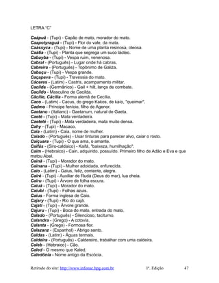 LETRA “C”
Caápuã - (Tupi) - Capão de mato, morador do mato.
Caapotyraguá - (Tupi) - Flor do vale, da mata.
Caássyca - (Tupi) - Nome de uma planta resinosa, oleosa.
Caátia - (Tupi) - Planta que segrega um suco lácteo.
Cabayba - (Tupi) - Vespa ruim, venenosa.
Cabral - (Português) - Lugar onde há cabras.
Cabreira - (Português) - Topônimo de Galiza.
Cabuçu - (Tupi) - Vespa grande.
Caçapava - (Tupi) - Travessia do mato.
Cáceres - (Latim) - Castris, acampamento militar.
Cacilda - (Germânico) - Gail + hilt, lança de combate.
Cacildo - Masculino de Cacilda.
Cäcilie, Cäcilia - Forma alemã de Cecília.
Caco - (Latim) - Cacus, do grego Kakos, de kaío, "queimar".
Cadmo - Príncipe fenício, filho de Agenor.
Caetano - (Italiano) - Gaetanum, natural de Gaeta.
Caeté - (Tupi) - Mata verdadeira.
Caeteté - (Tupi) - Mata verdadeira, mata muito densa.
Cahy - (Tupi) - Macaco.
Caia - (Latim) - Caia, nome de mulher.
Caiado - (Português) - Usar tinturas para parecer alvo, caiar o rosto.
Caiçuara - (Tupi) - O que ama, o amante.
Caifás - (Siro-caldaico) - Kaifá, "baixeza, humilhação".
Caim - (Hebraico) - Cain, adquirido, possuído. Primeiro filho de Adão e Eva e que
matou Abel.
Cainã - (Tupi) - Morador do mato.
Cainana - (Tupi) - Mulher adoidada, enfurecida.
Caio - (Latim) - Gaius, feliz, contente, alegre.
Cairé - (Tupi) - Auxiliar de Rudá (Deus do mar), lua cheia.
Cairu - (Tupi) - Árvore de folha escura.
Caiuá - (Tupi) - Morador do mato.
Caiubi - (Tupi) - Folhas azuis.
Caius - Forma inglesa de Caio.
Cajary - (Tupi) - Rio do cajá.
Cajati - (Tupi) - Árvore grande.
Cajuru - (Tupi) - Boca do mato, entrada do mato.
Calado - (Português) - Silencioso, taciturno.
Calandra - (Grego) - A cotovia.
Calanta - (Grego) - Formosa flor.
Calazanz - (Espanhol) - Abrigo santo.
Caldas - (Latim) - Águas termais.
Caldeira - (Português) - Caldereiro, trabalhar com uma caldeira.
Caleb - (Hebraico) - Cão.
Caled - O mesmo que Kaled.
Caledônia - Nome antigo da Escócia.
Retirado do site: http://www.infonac.hpg.com.br 1ª. Edição 47
 