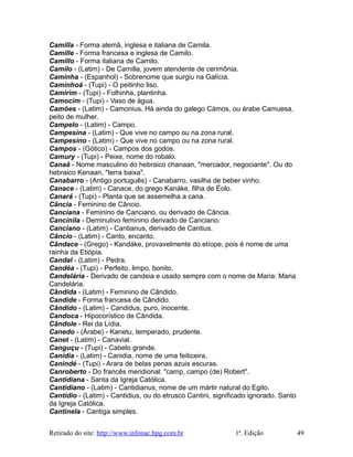 Camilla - Forma alemã, inglesa e italiana de Camila.
Camille - Forma francesa e inglesa de Camilo.
Camillo - Forma italiana de Camilo.
Camilo - (Latim) - De Camilla, jovem atendente de cerimônia.
Caminha - (Espanhol) - Sobrenome que surgiu na Galícia.
Caminhoá - (Tupi) - O peitinho liso.
Camirim - (Tupi) - Folhinha, plantinha.
Camocim - (Tupi) - Vaso de água.
Camões - (Latim) - Camonius. Há ainda do galego Cámos, ou árabe Camuesa,
peito de mulher.
Campelo - (Latim) - Campo.
Campesina - (Latim) - Que vive no campo ou na zona rural.
Campesino - (Latim) - Que vive no campo ou na zona rural.
Campos - (Gótico) - Campos dos godos.
Camury - (Tupi) - Peixe, nome do robalo.
Canaã - Nome masculino do hebraico chanaan, "mercador, negociante". Ou do
hebraico Kenaan, "terra baixa".
Canabarro - (Antigo português) - Canabarro, vasilha de beber vinho.
Canace - (Latim) - Canace, do grego Kanáke, filha de Éolo.
Canará - (Tupi) - Planta que se assemelha a cana.
Cância - Feminino de Câncio.
Canciana - Feminino de Canciano, ou derivado de Cância.
Cancinila - Deminutivo feminino derivado de Canciano.
Canciano - (Latim) - Cantianus, derivado de Cantius.
Câncio - (Latim) - Canto, encanto.
Cândace - (Grego) - Kandáke, provavelmente do etíope, pois é nome de uma
rainha da Etiópia.
Candal - (Latim) - Pedra.
Candéa - (Tupi) - Perfeito, limpo, bonito.
Candelária - Derivado de candeia e usado sempre com o nome de Maria: Maria
Candelária.
Cândida - (Latim) - Feminino de Cândido.
Candide - Forma francesa de Cândido.
Cândido - (Latim) - Candidus, puro, inocente.
Candoca - Hipocorístico de Cândida.
Cândole - Rei da Lídia.
Canedo - (Árabe) - Kanetu, temperado, prudente.
Canet - (Latim) - Canavial.
Canguçu - (Tupi) - Cabelo grande.
Canídia - (Latim) - Canidia, nome de uma feiticeira.
Canindé - (Tupi) - Arara de belas penas azuis escuras.
Canroberto - Do francês meridional: "camp, campo (de) Robert".
Cantidiana - Santa da Igreja Católica.
Cantidiano - (Latim) - Cantidianus, nome de um mártir natural do Egito.
Cantídio - (Latim) - Cantidius, ou do etrusco Cantini, significado ignorado. Santo
da Igreja Católica.
Cantinela - Cantiga simples.
Retirado do site: http://www.infonac.hpg.com.br 1ª. Edição 49
 