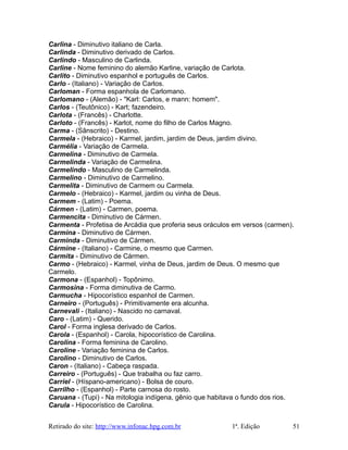 Carlina - Diminutivo italiano de Carla.
Carlinda - Diminutivo derivado de Carlos.
Carlindo - Masculino de Carlinda.
Carline - Nome feminino do alemão Karline, variação de Carlota.
Carlito - Diminutivo espanhol e português de Carlos.
Carlo - (Italiano) - Variação de Carlos.
Carloman - Forma espanhola de Carlomano.
Carlomano - (Alemão) - "Karl: Carlos, e mann: homem".
Carlos - (Teutônico) - Kart; fazendeiro.
Carlota - (Francês) - Charlotte.
Carloto - (Francês) - Karlot, nome do filho de Carlos Magno.
Carma - (Sânscrito) - Destino.
Carmela - (Hebraico) - Karmel, jardim, jardim de Deus, jardim divino.
Carmélia - Variação de Carmela.
Carmelina - Diminutivo de Carmela.
Carmelinda - Variação de Carmelina.
Carmelindo - Masculino de Carmelinda.
Carmelino - Diminutivo de Carmelino.
Carmelita - Diminutivo de Carmem ou Carmela.
Carmelo - (Hebraico) - Karmel, jardim ou vinha de Deus.
Carmem - (Latim) - Poema.
Cármen - (Latim) - Carmen, poema.
Carmencita - Diminutivo de Cármen.
Carmenta - Profetisa de Arcádia que proferia seus oráculos em versos (carmen).
Carmina - Diminutivo de Cármen.
Carminda - Diminutivo de Cármen.
Cármine - (Italiano) - Carmine, o mesmo que Carmen.
Carmita - Diminutivo de Cármen.
Carmo - (Hebraico) - Karmel, vinha de Deus, jardim de Deus. O mesmo que
Carmelo.
Carmona - (Espanhol) - Topônimo.
Carmosina - Forma diminutiva de Carmo.
Carmucha - Hipocorístico espanhol de Carmen.
Carneiro - (Português) - Primitivamente era alcunha.
Carnevali - (Italiano) - Nascido no carnaval.
Caro - (Latim) - Querido.
Carol - Forma inglesa derivado de Carlos.
Carola - (Espanhol) - Carola, hipocorístico de Carolina.
Carolina - Forma feminina de Carolino.
Caroline - Variação feminina de Carlos.
Carolino - Diminutivo de Carlos.
Caron - (Italiano) - Cabeça raspada.
Carreiro - (Português) - Que trabalha ou faz carro.
Carriel - (Híspano-americano) - Bolsa de couro.
Carrilho - (Espanhol) - Parte carnosa do rosto.
Caruana - (Tupi) - Na mitologia indígena, gênio que habitava o fundo dos rios.
Carula - Hipocorístico de Carolina.
Retirado do site: http://www.infonac.hpg.com.br 1ª. Edição 51
 