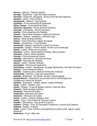 Caruso - (Italiano) - Cabeça raspada.
Carvajal - (Espanhol) - Lugar de muitos carvalhos.
Carvalho - (Espanhol, português) - Árvore da família das Fagáceas.
Casadei - (Latim) - Casa de Deus.
Casagrande - (Italiano) - Casa grande.
Casandra - Forma espanhola de Cassandra.
Cäsar, Caesar - Forma alemã de César.
Cäsarina e Cäsarine - Forma alemã de Cesarina.
Cascudo - (Português) - Homem grosseiro.
Casilda - Forma espanhola de Cassilda.
Casimir - Forma lemã, francesa e inglesa de Casimiro.
Casimiro - (Eslavo) - Kazatimiru, comanda a paz.
Casina - Santa da Igreja Católica.
Caspar - Forma francesa e inglesa de Cásper.
Cásper - (Germânico) - O que fiscaliza.
Cassandra - (Grego) - Kassandra, auxiliar do homem.
Cassandro - (Grego) - Homem distinto, homem que se distingue.
Cássia - (Latim) - Nome de uma planta.
Cassiana - (Latim) - Descendente de Cássio, filha de Cássio.
Cassiano - (Latim) - Muito eqüitativo.
Cassien - Forma francesa de Cássio.
Cassilda - (Germânico) - Guerreira de lança.
Cassildo - Masculino de Cassilda.
Cássio - (Latim) - Distinto, ilustrado.
Cassiodora - Feminino de Cassiodoro.
Cassiodoro - (Latim) - Cassiodorus, do grego Kassiódoros. Derivado de Cássio.
Cassius - Forma alemã de Cássio.
Castália - Castalia pudica, planta da família das ninfáceas.
Castanheda - (Astúrio) - Lugar das castanheiras.
Castelar - (Espanhol) - Do castelo, também nome de planta.
Castelo Branco - Sobrenome que procede de Don Gil Rodrigues de
Castelbranco, senhor de Tormom.
Castilho - (Espanhol) - Castillo, castelo, castelo fortificado.
Casto - (Latim) - Honesto, puro.
Castor - (Grego) - O que se destaca, distinto. Irmão de Pólux.
Castoria - Santa da Igreja Católica.
Castorina - Feminino de Castor.
Castorinho - Diminutivo de Castor.
Castorino - Diminutivo de Castor.
Castro - (Latim) - Castelo, fortaleza, forte.
Cataia - (Tupi) - Erva medicinal, folha que queima.
Cataldo - (Germânico) - Que governa a guerra.
Catalina - (Grego) - Pura. Em português e espanhol, o mesmo que Catarina.
Cataline - (Grego) - Puritana.
Catão - (Latim) - Cato, Catonis, provavelmente do sabino catus, "agudo, sagaz,
perspicaz".
Catanduva - (Tupi) - Mato ralo.
Retirado do site: http://www.infonac.hpg.com.br 1ª. Edição 52
 