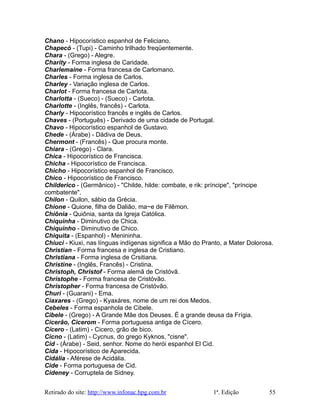 Chano - Hipocorístico espanhol de Feliciano.
Chapecó - (Tupi) - Caminho trilhado freqüentemente.
Chara - (Grego) - Alegre.
Charity - Forma inglesa de Caridade.
Charlemaine - Forma francesa de Carlomano.
Charles - Forma inglesa de Carlos.
Charley - Variação inglesa de Carlos.
Charlot - Forma francesa de Carlota.
Charlotta - (Sueco) - (Sueco) - Carlota.
Charlotte - (Inglês, francês) - Carlota.
Charly - Hipocorístico francês e inglês de Carlos.
Chaves - (Português) - Derivado de uma cidade de Portugal.
Chavo - Hipocorístico espanhol de Gustavo.
Chede - (Árabe) - Dádiva de Deus.
Chermont - (Francês) - Que procura monte.
Chiara - (Grego) - Clara.
Chica - Hipocorístico de Francisca.
Chicha - Hipocorístico de Francisca.
Chicho - Hipocorístico espanhol de Francisco.
Chico - Hipocorístico de Francisco.
Childerico - (Germânico) - "Childe, hilde: combate, e rik: príncipe", "príncipe
combatente".
Chilon - Quilon, sábio da Grécia.
Chione - Quione, filha de Dalião, ma~e de Filêmon.
Chiônia - Quiônia, santa da Igreja Católica.
Chiquinha - Diminutivo de Chica.
Chiquinho - Diminutivo de Chico.
Chiquita - (Espanhol) - Menininha.
Chiuci - Kiuxi, nas línguas indígenas significa a Mão do Pranto, a Mater Dolorosa.
Christian - Forma francesa e inglesa de Cristiano.
Christiana - Forma inglesa de Crsitiana.
Christine - (Inglês, Francês) - Cristina.
Christoph, Christof - Forma alemã de Cristóvã.
Christophe - Forma francesa de Cristóvão.
Christopher - Forma francesa de Cristóvão.
Churi - (Guarani) - Ema.
Ciaxares - (Grego) - Kyaxáres, nome de um rei dos Medos.
Cebeles - Forma espanhola de Cibele.
Cibele - (Grego) - A Grande Mãe dos Deuses. É a grande deusa da Frígia.
Cicerão, Cicerom - Forma portuguesa antiga de Cícero.
Cícero - (Latim) - Cicero, grão de bico.
Cicno - (Latim) - Cycnus, do grego Kyknos, "cisne".
Cid - (Árabe) - Seid, senhor. Nome do herói espanhol El Cid.
Cida - Hipocorístico de Aparecida.
Cidália - Aférese de Acidália.
Cide - Forma portuguesa de Cid.
Cideney - Corruptela de Sidney.
Retirado do site: http://www.infonac.hpg.com.br 1ª. Edição 55
 