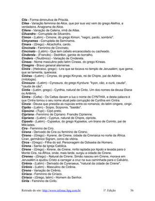 Cila - Forma diminutiva de Priscila.
Cilea - Variação feminina de Alice, que por sua vez vem do grego Alethia, a
verdadeira. Anagrama de Alice.
Cilene - Variação de Celena, irmã de Atlas.
Cilvandro - Corruptela de Silvandro.
Cimon - (Latim) - Cimone, do grego Kimon, "negro, pardo, sombrio".
Cimyrames - Corruptela de Semíramis.
Cinara - (Grego) - Alcachofra, cardo.
Cincinata - Feminino de Cincinato.
Cincinato - (Latim) - Que tem cabelo encaracolado ou cacheado.
Cinderela - (Francês) - Dedrillon, garota do borralho.
Cinders - (Teutônico) - Variação de Cinderela.
Cíneas - Nome masculino pelo latim Cineas, do grego Kíneas.
Cinegiro - Bravo general ateniense.
Cinira - (Hebraico, grego) - Lira que se tocava no templo de Jerusalém; que geme,
que se lamenta, queixosa.
Cíniras - (Latim) - Cinyras, do grego Kinyras, rei de Chipre, pai de Adônis
(mitologia).
Cinosura - (Latim) - Cynosura, do grego Kynóura: "kyon, cão, e ourá, cauda",
"cauda de cão".
Cíntia - (Latim, grego) - Cynthia, natural de Cinto. Um dos nomes da deusa Diana
ou Artêmis.
Cintra - (Celta) - Os Celtas davam a lua o nome de CYNTHIA, e desta palavra é
que Cintra tomou o seu nome atual pela corrupção de Cynthia em Cintra.
Cínxia - Deusa que presidia as núpcias entre os romanos; do latim cingere, cingir.
Cipião - (Latim) - Scipio, Scipionis, "bastão".
Cipoúna - (Tupi) - Cipó preto.
Cipriana - Feminino de Cipriano. Francês Ciprienne.
Cipriano - (Latim) - Cyprius, natural de Chipre, cipriota.
Cípselo - (Latim) - Cypselus, do grego Kypselos, um tirano de Corinto, pai de
Milcíades.
Cira - Feminino de Ciro.
Cirana - Derivado de Cira ou feminino de Cirano.
Cirano - (Grego) - Kyrene, de Cirene, cidade da Cirenaica no norte da África.
Ciran, germânico Sigram, corvo da vitória.
Circe - (Grego) - Filha do sol. Personagem da Odisséia de Homero.
Cirena - Santa da Igreja Católica.
Cirene - (Grego) - Kirene, de Cirene, ninfa raptada por Apolo e levada para o
Monte Cira, na África, onde, mais tarde, surgiu a cidade de Cirene.
Cireneu - (Grego) - Natural de Cirene. Simão nasceu em Cirene, morava em
Jerusalém e ajudou Cristo a carregar a cruz na sua caminhada para o Calvário.
Cirênia - (Latim) - Derivado de Cyrenaeus, "natural da cidade de Cirene".
Cirênio - (Latim) - Masculino de Cirênia.
Cireno - Variação de Cirênio.
Ciríaca - Feminino de Ciríaco.
Ciríaco - (Grego, latim) - Homem do Senhor.
Cirila - Feminino de Cirilo.
Retirado do site: http://www.infonac.hpg.com.br 1ª. Edição 56
 