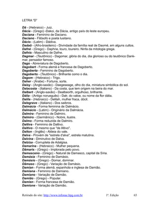LETRA “D”
Dã - (Hebraico) - Juiz.
Dácia - (Grego) -Dakoi, da Dácia, antigo país do leste europeu.
Daciana - Feminino de Daciano.
Daciano - Filósofo e poeta lusitano.
Dácio - (Latim) - Dádiva.
Dadaô - (Afro-brasileiro) - Divindade da família real de Daomé, em alguns cultos.
Dafné - (Grego) - Daphne, louro, loureiro. Ninfa da mitologia grega.
Dafnis - Masculino de Dafne.
Dagmar - (Teutônico) - Dagomar, glória do dia, dia glorioso ou do teutônico Dank-
mar, pensador famoso.
Dago - Abreviatura de Dagoberto.
Dagobert - Forma alemã e francesa de Dagoberto.
Dagoberta - Feminino de Dagoberto.
Dagoberto - (Teutônico) - Brilhante como o dia.
Dagom - (Hebraico) - Trigo.
Daher - (Árabe) - Fortuna, sorte.
Daisy - (Anglo-saxão) - Daegeseage, olho do dia, miniatura simbólica do sol.
Dalacosta - (Italiano) - Da costa, que tem origem na beira do mar.
Dalbert - (Anglo-saxão) - Dealbeorth, orgulhoso, brilhante.
Dália - (Antigo norueguês) - Dalr, do valoe, ou nome da flor dália.
Dalila - (Hebraico) - Delilah, mulher fraca, dócil.
Dalegrave - (Italiano) - Dos saibros.
Dalmácia - Forma feminina de Dalmácio.
Dalmácio - (Latim) - Originário da Dalmácia.
Dalmira - Feminino de Dalmiro.
Dalmiro - (Germânico) - Nobre, ilustre.
Dalmo - Forma reduzida de Dalmiro.
Daltiva - Feminino de Daltivo.
Daltivo - O mesmo que "de Altivo".
Dalton - (Inglês) - Aldeia do vale.
Dalva - Provém de "estrela d'alva", estrela matutina.
Dalvina - Diminutivo de Dalva.
Dalziza - Corruptela de Adalgisa.
Damarina - (Hebraico) - Mulher pequena.
Dâmaris - (Grego) - Implorada pelo povo.
Damasceno - (Grego) - Natural de Damasco, capital da Síria.
Damásia - Feminino de Damásio.
Damásio - (Grego) - Domar, dominar.
Dâmaso - (Grego) - Variação de Damásio.
Damian - Forma alemã, espanhola e inglesa de Damião.
Damiana - Feminino de Damiano.
Damiano - Variação de Damião.
Damião - (Grego) - Popular.
Damien - Forma francesa de Damião.
Damione - Variação de Damião.
Retirado do site: http://www.infonac.hpg.com.br 1ª. Edição 65
 