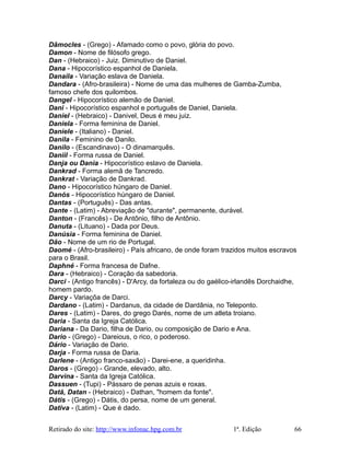 Dâmocles - (Grego) - Afamado como o povo, glória do povo.
Damon - Nome de filósofo grego.
Dan - (Hebraico) - Juiz. Diminutivo de Daniel.
Dana - Hipocorístico espanhol de Daniela.
Danaila - Variação eslava de Daniela.
Dandara - (Afro-brasileira) - Nome de uma das mulheres de Gamba-Zumba,
famoso chefe dos quilombos.
Dangel - Hipocorístico alemão de Daniel.
Dani - Hipocorístico espanhol e português de Daniel, Daniela.
Daniel - (Hebraico) - Danivel, Deus é meu juiz.
Daniela - Forma feminina de Daniel.
Daniele - (Italiano) - Daniel.
Danila - Feminino de Danilo.
Danilo - (Escandinavo) - O dinamarquês.
Daniil - Forma russa de Daniel.
Danja ou Dania - Hipocorístico eslavo de Daniela.
Dankrad - Forma alemã de Tancredo.
Dankrat - Variação de Dankrad.
Dano - Hipocorístico húngaro de Daniel.
Danós - Hipocorístico húngaro de Daniel.
Dantas - (Português) - Das antas.
Dante - (Latim) - Abreviação de "durante", permanente, durável.
Danton - (Francês) - De Antônio, filho de Antônio.
Danuta - (Lituano) - Dada por Deus.
Danúsia - Forma feminina de Daniel.
Dão - Nome de um rio de Portugal.
Daomé - (Afro-brasileiro) - País africano, de onde foram trazidos muitos escravos
para o Brasil.
Daphné - Forma francesa de Dafne.
Dara - (Hebraico) - Coração da sabedoria.
Darci - (Antigo francês) - D'Arcy, da fortaleza ou do gaélico-irlandês Dorchaidhe,
homem pardo.
Darcy - Variaçõa de Darci.
Dardano - (Latim) - Dardanus, da cidade de Dardânia, no Teleponto.
Dares - (Latim) - Dares, do grego Darés, nome de um atleta troiano.
Daria - Santa da Igreja Católica.
Dariana - Da Dario, filha de Dario, ou composição de Dario e Ana.
Dario - (Grego) - Dareious, o rico, o poderoso.
Dário - Variação de Dario.
Darja - Forma russa de Daria.
Darlene - (Antigo franco-saxão) - Darei-ene, a queridinha.
Daros - (Grego) - Grande, elevado, alto.
Darvina - Santa da Igreja Católica.
Dassuen - (Tupi) - Pássaro de penas azuis e roxas.
Datã, Datan - (Hebraico) - Dathan, "homem da fonte".
Dátis - (Grego) - Dátis, do persa, nome de um general.
Dativa - (Latim) - Que é dado.
Retirado do site: http://www.infonac.hpg.com.br 1ª. Edição 66
 