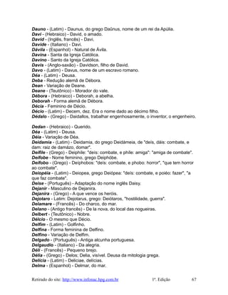 Dauno - (Latim) - Daunus, do grego Daûnus, nome de um rei da Apúlia.
Davi - (Hebraico) - David, o amado.
David - (Inglês, francês) - Davi.
Davide - (Italiano) - Davi.
Dávila - (Espanhol) - Natural de Ávila.
Davina - Santa da Igreja Católica.
Davino - Santo da Igreja Católica.
Davis - (Anglo-saxão) - Davidson, filho de David.
Davo - (Latim) - Davus, nome de um escravo romano.
Déa - (Latim) - Deusa.
Deba - Redução alemã de Débora.
Dean - Variação de Deane.
Deane - (Teutônico) - Morador do vale.
Débora - (Hebraico) - Deborah, a abelha.
Deborah - Forma alemã de Débora.
Décia - Feminino de Décio.
Décio - (Latim) - Decem, dez. Era o nome dado ao décimo filho.
Dédalo - (Grego) - Daidallos, trabalhar engenhosamente, o inventor, o engenheiro.
Dedan - (Hebraico) - Querido.
Déa - (Latim) - Deusa.
Déia - Variação de Déa.
Deidamia - (Latim) - Deidamia, do grego Deidámeia, de "deís, dáis: combate, e
dam: raiz de damázo, domar".
Deífile - (Grego) - Deiphíle: "deís: combate, e phíle: amiga": "amiga de combate".
Deífobe - Nome feminino, grego Deiphóbe.
Deífobo - (Grego) - Deíphobos: "deís: combate, e phobo: horror", "que tem horror
ao combate".
Deiopéia - (Latim) - Deiopea, grego Deiópea: "deís: combate, e poiéo: fazer", "a
que faz combate".
Deise - (Português) - Adaptação do nome inglês Daisy.
Dejanir - Masculino de Dejanira.
Dejanira - (Grego) - A que vence os heróis.
Dejotaro - Latim: Dejotarus, grego: Deiótaros, "hostilidade, guerra".
Delamare - (Francês) - Do charco, do mar.
Delano - (Antigo francês) - De la nova, do local das nogueiras.
Delbert - (Teutônico) - Nobre.
Délcio - O mesmo que Décio.
Delfim - (Latim) - Golfinho.
Delfina - Forma feminina de Delfino.
Delfino - Variação de Delfim.
Delgado - (Português) - Antiga alcunha portuguesa.
Delgaudio - (Italiano) - Da alegria.
Déli - (Francês) - Pequeno brejo.
Délia - (Grego) - Delos; Delia, visível. Deusa da mitologia grega.
Delícia - (Latim) - Deliciae, delícias.
Delma - (Espanhol) - Delmar, do mar.
Retirado do site: http://www.infonac.hpg.com.br 1ª. Edição 67
 