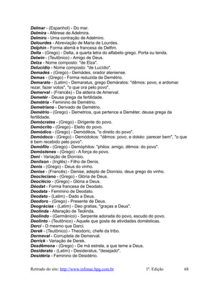 Delmar - (Espanhol) - Do mar.
Delmira - Aférese de Adelmira.
Delmiro - Uma contração de Adelmiro.
Delourdes - Abreviação de Maria de Lourdes.
Delphin - Forma alemã e francesa de Delfim.
Delta - (Grego) - Delta, a quarta letra do alfabeto grego. Porta ou tenda.
Delwin - (Teutônico) - Amigo de Deus.
Delza - Nome composto: "de Elza".
Delucídio - Nome composto: "de Lucídio".
Demades - (Grego) - Demádes, orador ateniense.
Demas - (Grego) - Forma reduzida de Demétrio.
Demarato - (Latim) - Demaratus, grego Demáratos: "dêmos: povo, e ardomai:
rezar, fazer votos", "o que ora pelo povo".
Demerval - (Francês) - Da aldeira de Amerval.
Demetér - Deusa grega da fertilidade.
Demétria - Feminino de Demétrio.
Demetriano - Derivado de Demétrio.
Demétrio - (Grego) - Demetrios, que pertence a Deméter, deusa grega da
fertilidade.
Demócrates - (Grego) - Dirigente do povo.
Demócrito - (Grego) - Eleito do povo.
Demódico - (Grego) - Demódikos, "o direito do povo".
Demódoco - (Grego) - Demódokos: "dêmos: povo, e dokéo: parecer bem", "o que
é bem recebido pelo povo".
Demófilo - (Grego) - Demóphilos: "philos: amigo, dêmos: do povo".
Demóstenes - (Grego) - A força do povo.
Deni - Variação de Dionísio.
Denilson - (Inglês) - Filho de Denis.
Denis - (Grego) - Deus do vinho.
Denise - (Francês) - Denise, adepto de Dionísio, deus grego do vinho.
Deocleciano - (Grego) - Glória de Deus.
Deoclécio - (Grego) - Glória a Deus.
Déodat - Forma francesa de Deodato.
Deodata - Feminino de Deodato.
Deodato - (Latim) - Dado a Deus.
Deodoro - (Grego) - Presente de Deus.
Deográcias - (Latim) - Deo gratias, "graças a Deus".
Deolinda - Alteração de Teolinda.
Deolindo - (Germânico) - Serpente adorada do povo, escudo do povo.
Deolinto - (Teutônico) - Aquele que gosta de atividades domésticas.
Derci - O mesmo que Darci.
Derek - (Teutônico) - Theodoric, chefe da tribo.
Dermeval - Corruptela de Demerval.
Derrick - Variação de Derek.
Desdêmona - (Grego) - De má estrela, a que teme a Deus.
Desiderato - (Latim) - Desideratus, "desejado".
Desidéria - Feminino de Desidério.
Retirado do site: http://www.infonac.hpg.com.br 1ª. Edição 68
 