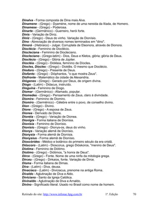 Dinalva - Forma composta de Dina mais Alva.
Dinamene - (Grego) - Dyaméne, nome de uma nereida da Ilíada, de Homero.
Dinamese - (Grego) - Poderosa.
Dinarte - (Germânico) - Guerreiro, herói forte.
Dinis - Variação de Diniz.
Diniz - (Grego) - Deus do vinho. Variação de Dionísio.
Dino - Abreviação de diversos nomes terminados em "dino".
Dinorá - (Hebraico) - Julgar. Corruptela de Eleonora, através de Dionora.
Dioclécia - Feminino de Dioclécio.
Diocleciana - Feminino de Diocleciano.
Diocleciano - (Grego-latim) - Dios, Deus e Kletos, glória; glória de Deus.
Dioclécio - (Grego) - Glória de Júpiter.
Diocléia - (Grego) - Diókleia, feminino de Díocles.
Diocles, Díocles - (Grego) - Dioklês. O mesmo que Dioclécio.
Diodoro - (Grego) - Presente de Deus.
Diofanto - (Grego) - Dióphantos, "o que mostra Zeus".
Diofronte - Matemático da cidade de Alexandria.
Diógenes - (Grego) - Gerado por Deus, de origem divina.
Diogo - (Latim) - Didacus, instruído.
Dioguina - Feminino de Diogo.
Diomar - (Germânico) - Afamado, popular.
Diomedes - (Grego) - Pensamento de Zeus, claro à divindade.
Diomira - Feminino de Diomiro.
Diomiro - (Germênico) - Célebre entre o povo, de conselho divino.
Dion - (Grego) - Divino.
Dione - (Grego) - A esposa de Zeus.
Dionea - Derivado de Dione.
Dionéia - (Grego) - Variação de Dionea.
Dionigia - Forma italiana de Dionísia.
Dionísia - Feminino de Dionísio.
Dionísio - (Grego) - Dionys-os, deus do vinho.
Dionys - Variação alemã de Dionísio.
Dionysia - Forma alemã de Dionísia.
Dionysius - Forma alemã de Dionísio.
Dioscórides - Médico e botânico do primeiro século da era cristã.
Dióscoro - (Latim) - Dioscorus, grego Dióskoros, "menino de Deus".
Diotima - Feminino de Diótimo.
Diotimo - (Grego) - Diótimos, "a honra de Deus".
Dirce - (Grego) - Fonte. Nome de uma ninfa da mitologia grega.
Dirceu - (Grego) - Dirkaios, fonte. Variação de Dirce.
Disma - Forma italiana de Dimas.
Diva - (Latim) - Diva, deusa.
Divacíaco - (Latim) - Diviciacus, prenome na antiga Roma.
Divaldo - Aglutinação de Diva e Aldo.
Diviciano - Santo da Igreja Católica.
Divinaldo - Aglutinação de Diva e Arnaldo.
Divino - Significado literal. Usado no Brasil como nome de homem.
Retirado do site: http://www.infonac.hpg.com.br 1ª. Edição 70
 