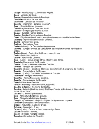 Donga - (Quimbundo) - O pretinho de Angola.
Donis - Variação de Dinis.
Donka - Hipocorístico russo de Dominga.
Donzélia - Derivado de "donzela".
Donzelina - Derivado de "donzela".
Donzília - (Açoriano) - Donzília, "donzela".
Dora - (Grego) - Doron, presente.
Doraci - Aglutinação de Dora com Juraci.
Doralice - Composição de Dora e Alice.
Dorcas - (Grego) - Gamo, gazela.
Dordea, Dordia - Forma antiga de Dorotea.
Dores - Significado literal, usado normalmente no composto Maria das Dores.
Dorett(e) - Hipocorístico francês de Dorotéia.
Dorina - Diminutivo de Dora.
Dorinda - Derivado de Dora.
Dória - (Italiano) - De Ória, de família genovesa.
Doriano - (Grego) - Dorios, de Dória; foram os antigos habitantes helênicos da
Grécia.
Dóris - (Grego) - Doris, filha de Oceano, deus do mar.
Dorita - Diminutivo de Dora.
Dorival - Variação de Dourival.
Doro - (Latim) - Dorus, grego Dôros - Relativo aos dórios.
Dorofeja - Forma russa de Dorotéia.
Dorota - Forma polonesa e tcheca de Dorotéia.
Dorotéa - Variação de Dorotéia.
Dorotéia - (Grego) - Dorothea, dádiva de Deus; também é anagrama de Teodora.
Dorotéo - Forma italiana de Doroteu.
Doroteu - (Latim) - Dorotheus, masculino de Dorotéia.
Dorothéia - Variação de Dorotéia.
Dorothée - Forma francesa de Dorotéia.
Dorothy - Forma inglesa de Dorotéia.
Doroti - Variação de Dorothy.
Dorval - (Francês) - Natural de orval, topônimo.
Dositéia e Dositea - Feminino de Dositeu.
Dositeo - (Latim) - Dositheu, grego Dosítheos: "dósis, ação de dar, e théos, deus",
"o que dá um deus".
Dositeu - O mesmo que Dositeo.
Dota - Abreviatura búlgara de Donata.
Doto - Abreviatura búlgara de Donato.
Douglas - (Gaélico-escocês) - Duubhglas, da água escura ou preta.
Dourival - (Português) - Do vale dourado.
Dracon - Arquiteto e legislador grego.
Drisana - (Sânscrito) - O sol.
Druso - (Latim) - Drusus: sobrenome da antiga Roma.
Duana - (Gaélico) - Poema.
Duane - (Céltico) - Canção poética.
Duardos - Corruptela de Eduardo.
Retirado do site: http://www.infonac.hpg.com.br 1ª. Edição 72
 