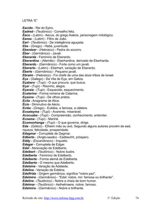 LETRA “E”
Eacido - Rei do Epiro.
Eadred - (Teutônico) - Conselho feliz.
Êaco - (Latim) - Aecus, do grego Aiakós, personagem mitológico.
Eanes - (Latim) - Filho de João.
Earl - (Teutônico) - De inteligência aguçada.
Ebe - (Grego) - Hebé, juventude.
Ebenézer - (Hebraico) - Pedra do socorro.
Éber - (Germânico) - Javali.
Eberarda - Feminino de Eberardo.
Eberardina - (Alemão) - Eberhardina, derivado de Eberharda.
Eberardo - (Germânico) - Forte como um javali.
Eberarto - (Latim) - Eberhart, variação de Eberardo.
Éberle - (Germânico) - Pequeno javali.
Ebraim - (Hebraico) - Foi chefe de uma das doze tribos de Israel.
Eça - (Galego) - Da Vila de Eça, em Galiza.
Eçabara - (Tupi) - O que procura, que busca.
Eçaí - (Tupi) - Risonho, alegre.
Eçaraia - (Tupi) - Esquecido, esquecimento.
Ecaterina - Forma romena de Catarina.
Eçaúna - (Tupi) - De olhos pretos.
Ecila - Anagrama de Alice.
Écio - Diminutivo de Aécio.
Ecléa - (Grego) - Eukléia, a famosa, a célebre.
Ecoateyma - (Tupi) - Avarento, miserável.
Acocuaba - (Tupi) - Compreensão, conhecimento, entender.
Ecoema - (Tupi) - Manhã.
Ecomonhanga - (Tupi) - O que governa, dirige.
Eda - (Gótico) - Etheim mão ou avó, Segundo alguns autores provém de ead,
riqueza, felicidade, prosperidade.
Edagmar - Corruptela de Dagmar.
Edberto - (Anglo-saxão) - Eadbeorht, próspero.
Eddy - (Escandinavo) - Inquieto.
Edegar - Corruptela de Edgar.
Edel - Abreviação de Edelberto.
Edelbert - (Teutônico) - Nobre ilustre.
Edelberta - Feminino de Edelberto.
Edelberte - Forma alemã de Edelberta.
Edelberto - O mesmo que Adalberto.
Edeleine - Variação de Adelaide.
Edelina - Variação de Edeline.
Edelfrida - Origem germânica, significa "nobre paz".
Edelmira - (Germânico) - "Edel: nobre, mir: famosa ou brilhante".
Edeline - (Teutônico) - Nobre e cheia de bom humor.
Edelmar - (Teutônico) - Aethelmaere, nobre, famoso.
Edelmira - (Germânico) - Nobre e brilhante.
Retirado do site: http://www.infonac.hpg.com.br 1ª. Edição 74
 