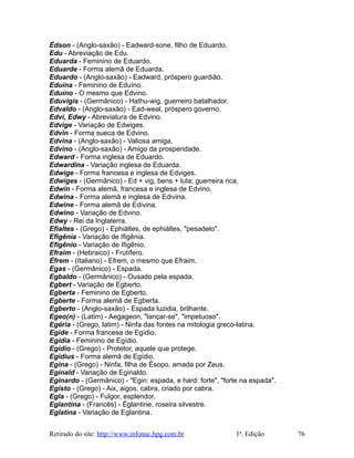 Édson - (Anglo-saxão) - Eadward-sone, filho de Eduardo.
Edu - Abreviação de Edu.
Eduarda - Feminino de Eduardo.
Eduarde - Forma alemã de Eduarda.
Eduardo - (Anglo-saxão) - Eadward, próspero guardião.
Eduína - Feminino de Eduíno.
Eduíno - O mesmo que Edvino.
Eduvigis - (Germânico) - Hathu-wig, guerreiro batalhador.
Edvaldo - (Anglo-saxão) - Ead-weal, próspero governo.
Edvi, Edwy - Abreviatura de Edvino.
Edvige - Variação de Edwiges.
Edvin - Forma sueca de Edvino.
Edvina - (Anglo-saxão) - Valiosa amiga.
Edvino - (Anglo-saxão) - Amigo da prosperidade.
Edward - Forma inglesa de Eduardo.
Edwardina - Variação inglesa de Eduarda.
Edwige - Forma francesa e inglesa de Edviges.
Edwiges - (Germânico) - Ed + vig, bens + luta; guerreira rica.
Edwin - Forma alemã, francesa e inglesa de Edvino.
Edwina - Forma alemã e inglesa de Edivina.
Edwine - Forma alemã de Edivina.
Edwino - Variação de Edvino.
Edwy - Rei da Inglaterra.
Efialtes - (Grego) - Ephiáltes, de ephiáltes, "pesadelo".
Efigênia - Variação de Ifigênia.
Efigênio - Variação de Ifigênio.
Efraim - (Hebraico) - Frutífero.
Éfrem - (Italiano) - Efrem, o mesmo que Efraim.
Egas - (Germânico) - Espada.
Egbaldo - (Germânico) - Ousado pela espada.
Egbert - Variação de Egberto.
Egberta - Feminino de Egberto.
Egberte - Forma alemã de Egberta.
Egberto - (Anglo-saxão) - Espada luzidia, brilhante.
Egeo(n) - (Latim) - Aegageon, "lançar-se", "impetuoso".
Egéria - (Grego, latim) - Ninfa das fontes na mitologia greco-latina.
Egide - Forma francesa de Egídio.
Egídia - Feminino de Egídio.
Egídio - (Grego) - Protetor, aquele que protege.
Egidius - Forma alemã de Egídio.
Egina - (Grego) - Ninfa, filha de Ésopo, amada por Zeus.
Eginald - Variação de Eginaldo.
Eginardo - (Germânico) - "Egin: espada, e hard: forte", "forte na espada".
Egisto - (Grego) - Aix, aigos, cabra, criado por cabra.
Egla - (Grego) - Fulgor, esplendor.
Eglantina - (Francês) - Églantine, roseira silvestre.
Eglatina - Variação de Eglantina.
Retirado do site: http://www.infonac.hpg.com.br 1ª. Edição 76
 