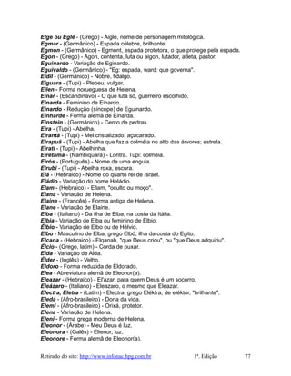Elge ou Eglé - (Grego) - Aiglé, nome de personagem mitológica.
Egmar - (Germânico) - Espada célebre, brilhante.
Egmon - (Germânico) - Egmont, espada protetora, o que protege pela espada.
Égon - (Grego) - Agon, contenta, luta ou aigon, lutador, atleta, pastor.
Eguinardo - Variação de Eginardo.
Eguivaldo - (Germânico) - "Eg: espada, ward: que governa".
Eidil - (Germânico) - Nobre, fidalgo.
Eiguara - (Tupi) - Plebeu, vulgar.
Eilen - Forma norueguesa de Helena.
Einar - (Escandinavo) - O que luta só, guerreiro escolhido.
Einarda - Feminino de Einardo.
Einardo - Redução (síncope) de Eguinardo.
Einharde - Forma alemã de Einarda.
Einstein - (Germânico) - Cerco de pedras.
Eira - (Tupi) - Abelha.
Eirantã - (Tupi) - Mel cristalizado, açucarado.
Eirapuã - (Tupi) - Abelha que faz a colméia no alto das árvores; estrela.
Eiratí - (Tupi) - Abelhinha.
Eiretama - (Nambiquara) - Lontra. Tupi: colméia.
Eirós - (Português) - Nome de uma enguia.
Eirubi - (Tupi) - Abelha roxa, escura.
Elá - (Hebraico) - Nome do quarto rei de Israel.
Eládio - Variação do nome Heládio.
Elam - (Hebraico) - E'lam, "oculto ou moço".
Elana - Variação de Helena.
Elaine - (Francês) - Forma antiga de Helena.
Elane - Variação de Elaine.
Elba - (Italiano) - Da ilha de Elba, na costa da Itália.
Elbia - Variação de Elba ou feminino de Élbio.
Élbio - Variação de Elbo ou de Hélvio.
Elbo - Masculino de Elba, grego Elbó, ilha da costa do Egito.
Elcana - (Hebraico) - Elqanah, "que Deus criou", ou "que Deus adquiriu".
Élcio - (Grego, latim) - Corda de puxar.
Elda - Variação de Alda.
Élder - (Inglês) - Velho.
Eldoro - Forma reduzida de Eldorado.
Elea - Abreviatura alemã de Eleonor(a).
Eleazar - (Hebraico) - El'azar, para quem Deus é um socorro.
Eleázaro - (Italiano) - Eleazaro, o mesmo que Eleazar.
Electra, Eletra - (Latim) - Electra, grego Eléktra, de eléktor, "brilhante".
Eledá - (Afro-brasileiro) - Dona da vida.
Elemi - (Afro-brasileiro) - Orixá, protetor.
Elena - Variação de Helena.
Eleni - Forma grega moderna de Helena.
Eleonor - (Árabe) - Meu Deus é luz.
Eleonora - (Galês) - Elienor, luz.
Eleonore - Forma alemã de Eleonor(a).
Retirado do site: http://www.infonac.hpg.com.br 1ª. Edição 77
 