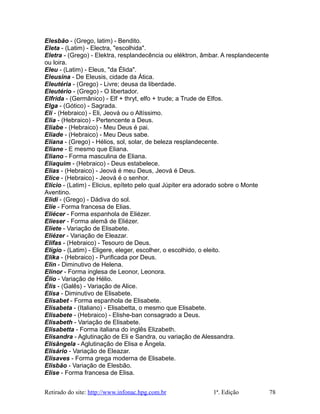 Elesbão - (Grego, latim) - Bendito.
Eleta - (Latim) - Electra, "escolhida".
Eletra - (Grego) - Elektra, resplandecência ou eléktron, âmbar. A resplandecente
ou loira.
Eleu - (Latim) - Eleus, "da Élida".
Eleusina - De Eleusis, cidade da Ática.
Eleutéria - (Grego) - Livre; deusa da liberdade.
Eleutério - (Grego) - O libertador.
Elfrida - (Germânico) - Elf + thryt, elfo + trude; a Trude de Elfos.
Elga - (Gótico) - Sagrada.
Eli - (Hebraico) - Eli, Jeová ou o Altíssimo.
Elia - (Hebraico) - Pertencente a Deus.
Eliabe - (Hebraico) - Meu Deus é pai.
Eliade - (Hebraico) - Meu Deus sabe.
Eliana - (Grego) - Hélios, sol, solar, de beleza resplandecente.
Eliane - E mesmo que Eliana.
Eliano - Forma masculina de Eliana.
Eliaquim - (Hebraico) - Deus estabelece.
Elias - (Hebraico) - Jeová é meu Deus, Jeová é Deus.
Elice - (Hebraico) - Jeová é o senhor.
Elício - (Latim) - Elicius, epíteto pelo qual Júpiter era adorado sobre o Monte
Aventino.
Elidi - (Grego) - Dádiva do sol.
Elie - Forma francesa de Elias.
Eliécer - Forma espanhola de Eliézer.
Elieser - Forma alemã de Eliézer.
Eliete - Variação de Elisabete.
Eliézer - Variação de Eleazar.
Elifas - (Hebraico) - Tesouro de Deus.
Elígio - (Latim) - Eligere, eleger, escolher, o escolhido, o eleito.
Elika - (Hebraico) - Purificada por Deus.
Elin - Diminutivo de Helena.
Elinor - Forma inglesa de Leonor, Leonora.
Élio - Variação de Hélio.
Élis - (Galês) - Variação de Alice.
Elisa - Diminutivo de Elisabete.
Elisabet - Forma espanhola de Elisabete.
Elisabeta - (Italiano) - Elisabetta, o mesmo que Elisabete.
Elisabete - (Hebraico) - Elishe-ban consagrado a Deus.
Elisabeth - Variação de Elisabete.
Elisabetta - Forma italiana do inglês Elizabeth.
Elisandra - Aglutinação de Eli e Sandra, ou variação de Alessandra.
Elisângela - Aglutinação de Elisa e Ângela.
Elisário - Variação de Eleazar.
Elisaves - Forma grega moderna de Elisabete.
Elisbão - Variação de Elesbão.
Elise - Forma francesa de Elisa.
Retirado do site: http://www.infonac.hpg.com.br 1ª. Edição 78
 