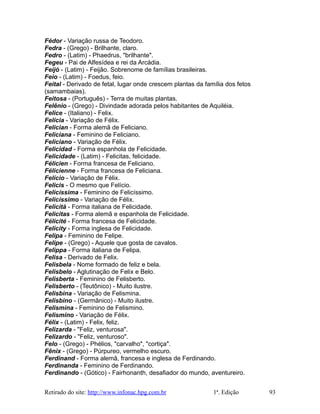 Fédor - Variação russa de Teodoro.
Fedra - (Grego) - Brilhante, claro.
Fedro - (Latim) - Phaedrus, "brilhante".
Fegeu - Pai de Alfesídea e rei da Arcádia.
Feijó - (Latim) - Feijão. Sobrenome de famílias brasileiras.
Feio - (Latim) - Foedus, feio.
Feital - Derivado de fetal, lugar onde crescem plantas da família dos fetos
(samambaias).
Feitosa - (Português) - Terra de muitas plantas.
Felênio - (Grego) - Divindade adorada pelos habitantes de Aquiléia.
Felice - (Italiano) - Felix.
Felícia - Variação de Félix.
Felician - Forma alemã de Feliciano.
Feliciana - Feminino de Feliciano.
Feliciano - Variação de Félix.
Felicidad - Forma espanhola de Felicidade.
Felicidade - (Latim) - Felicitas, felicidade.
Félicien - Forma francesa de Feliciano.
Félicienne - Forma francesa de Feliciana.
Felício - Variação de Félix.
Felicis - O mesmo que Felício.
Felicíssima - Feminino de Felicíssimo.
Felicíssimo - Variação de Félix.
Felicità - Forma italiana de Felicidade.
Felicitas - Forma alemã e espanhola de Felicidade.
Félicité - Forma francesa de Felicidade.
Felicity - Forma inglesa de Felicidade.
Felipa - Feminino de Felipe.
Felipe - (Grego) - Aquele que gosta de cavalos.
Felippa - Forma italiana de Felipa.
Felisa - Derivado de Felix.
Felisbela - Nome formado de feliz e bela.
Felisbelo - Aglutinação de Felix e Belo.
Felisberta - Feminino de Felisberto.
Felisberto - (Teutônico) - Muito ilustre.
Felisbina - Variação de Felismina.
Felisbino - (Germânico) - Muito ilustre.
Felismina - Feminino de Felismino.
Felismino - Variação de Félix.
Félix - (Latim) - Felix, feliz.
Felizarda - "Feliz, venturosa".
Felizardo - "Feliz, venturoso".
Felo - (Grego) - Phélios, "carvalho", "cortiça".
Fênix - (Grego) - Púrpureo, vermelho escuro.
Ferdinand - Forma alemã, francesa e inglesa de Ferdinando.
Ferdinanda - Feminino de Ferdinando.
Ferdinando - (Gótico) - Fairhonanth, desafiador do mundo, aventureiro.
Retirado do site: http://www.infonac.hpg.com.br 1ª. Edição 93
 