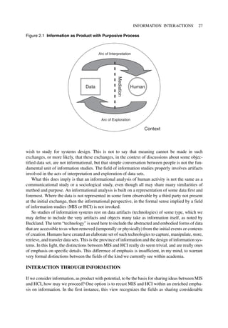 wish to study for systems design. This is not to say that meaning cannot be made in such
exchanges, or more likely, that these exchanges, in the context of discussions about some objec-
tified data set, are not informational, but that simple conversation between people is not the fun-
damental unit of information studies. The field of information studies properly involves artifacts
involved in the acts of interpretation and exploration of data sets.
What this does imply is that an informational analysis of human activity is not the same as a
communicational study or a sociological study, even though all may share many similarities of
method and purpose. An informational analysis is built on a representation of some data first and
foremost. Where the data is not represented in some form observable by a third party not present
at the initial exchange, then the informational perspective, in the formal sense implied by a field
of information studies (MIS or HCI) is not invoked.
So studies of information systems rest on data artifacts (technologies) of some type, which we
may define to include the very artifacts and objects many take as information itself, as noted by
Buckland. The term “technology” is used here to include the abstracted and embodied forms of data
that are accessible to us when removed (temporally or physically) from the initial events or contexts
of creation. Humans have created an elaborate set of such technologies to capture, manipulate, store,
retrieve, and transfer data sets. This is the province of information and the design of information sys-
tems. In this light, the distinctions between MIS and HCI really do seem trivial, and are really ones
of emphasis on specific details. This difference of emphasis is insufficient, in my mind, to warrant
very formal distinctions between the fields of the kind we currently see within academia.
INTERACTION THROUGH INFORMATION
If we consider information, as product with potential, to be the basis for sharing ideas between MIS
and HCI, how may we proceed? One option is to recast MIS and HCI within an enriched empha-
sis on information. In the first instance, this view recognizes the fields as sharing considerable
INFORMATION INTERACTIONS 27
Context
Data Human
Mediation
Arc of Interpretation
Arc of Exploration
Figure 2.1 Information as Product with Purposive Process
 